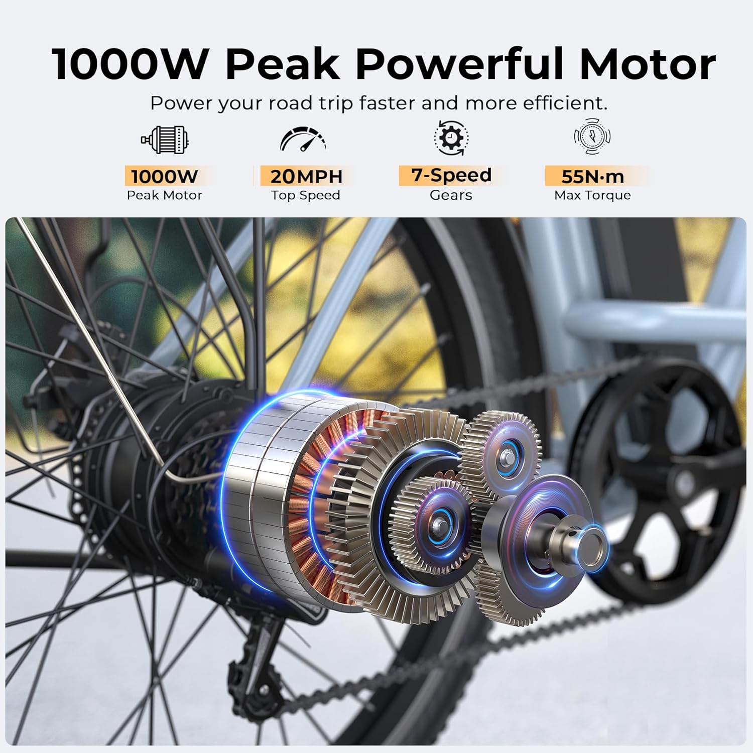 Electric Bike for Adults, Peak 1000W Ebike, 50Miles 20MPH UL 2849 Certified Commuter Bike, 26'' City Cruiser Bicycle with 48V Removable Battery, Rear Rack, Adjustable Stem, 7 Speed
