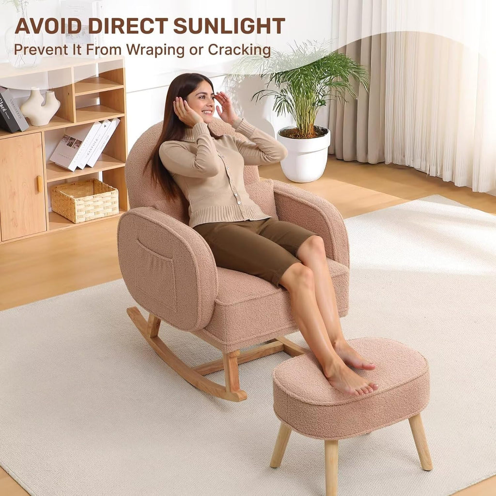HCHAIRH Rocking Chair Nursery with Ottoman, Upholstered Glider Rocker with High Backrest and Side Pocket, Rocking Accent Armchair with Solid Wood Legs for Nursery, Living Room, Bedroom Coffee