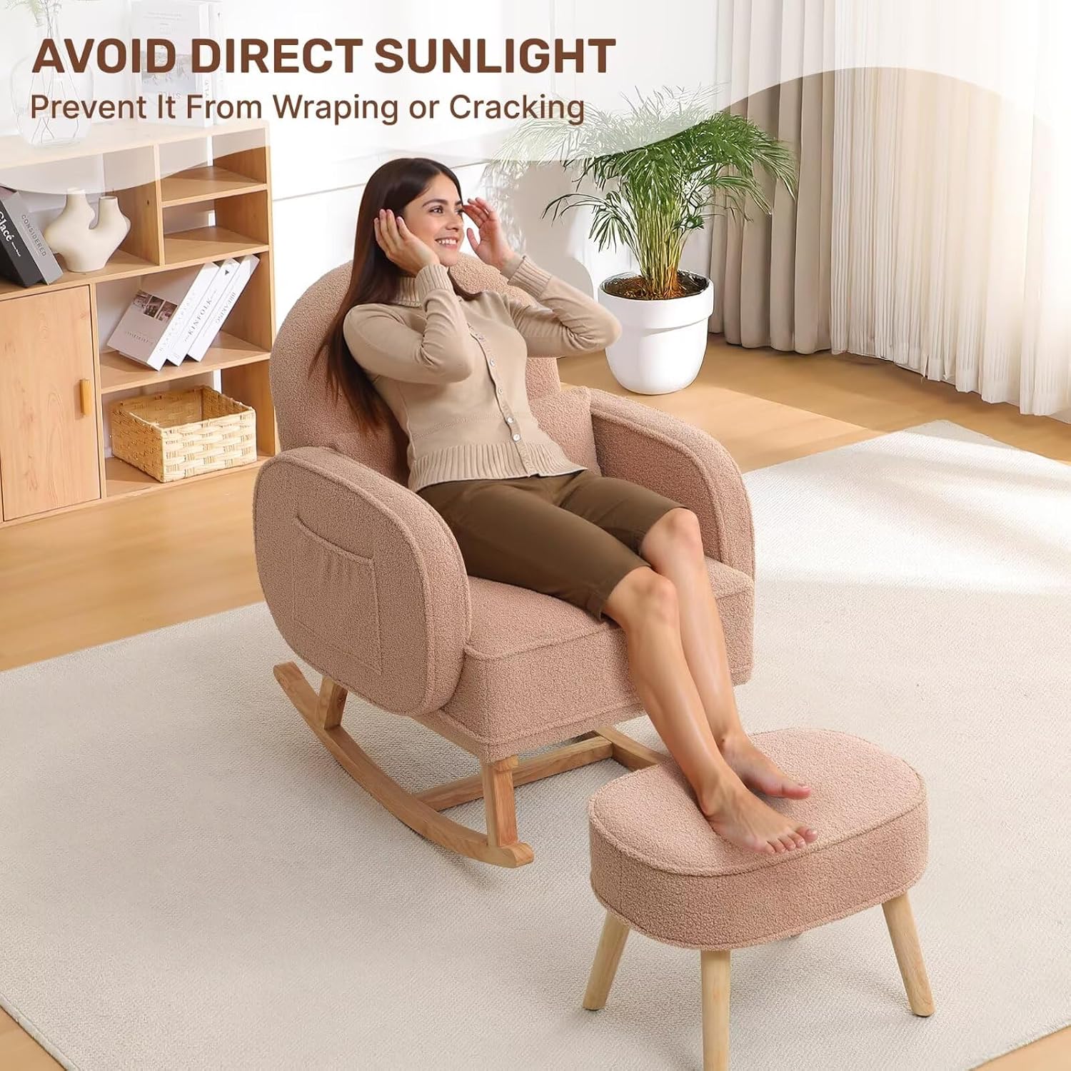 HCHAIRH Rocking Chair Nursery with Ottoman, Upholstered Glider Rocker with High Backrest and Side Pocket, Rocking Accent Armchair with Solid Wood Legs for Nursery, Living Room, Bedroom Coffee