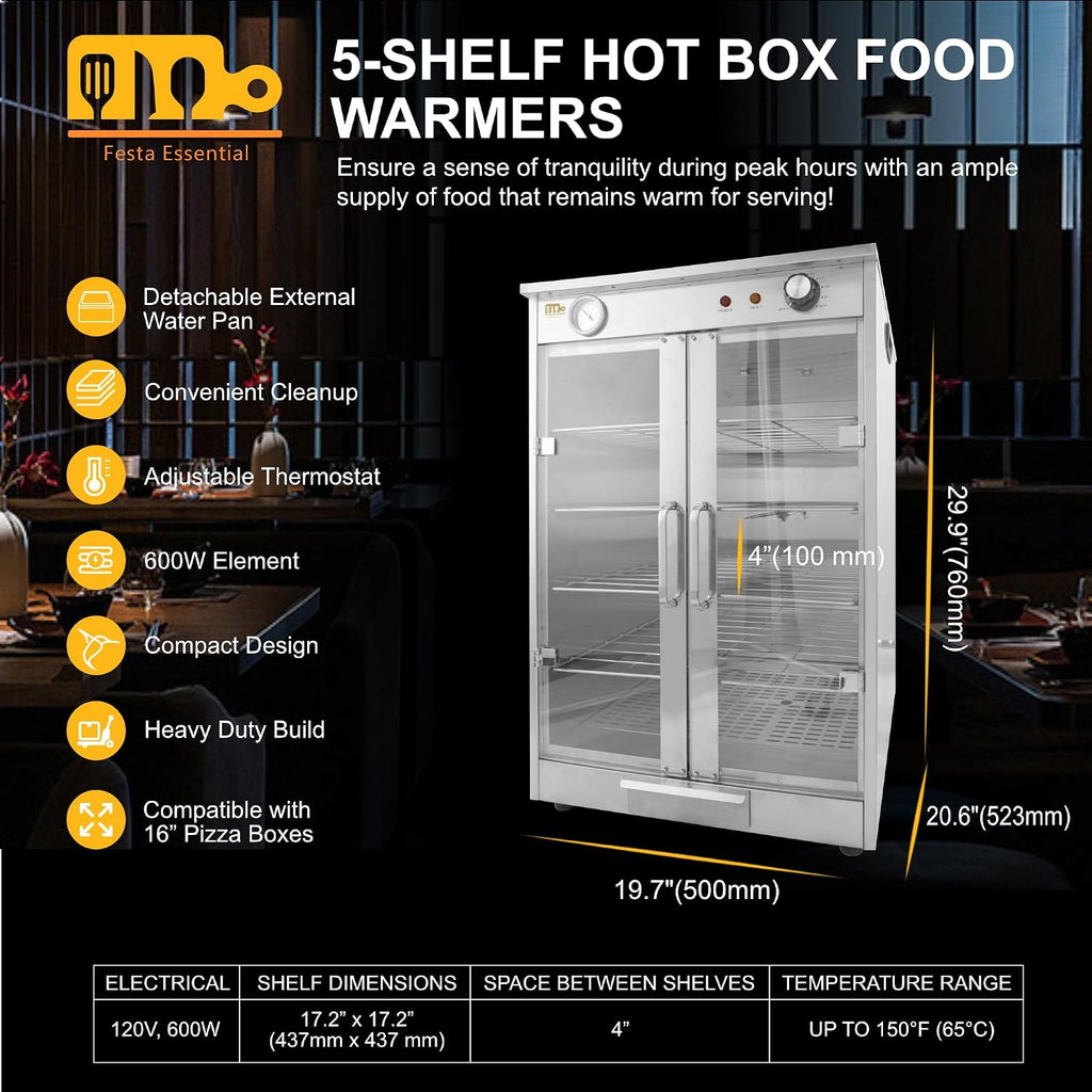 5-Shelf Electric Hot Box Food Warmer, Fits up to (10) 16' Pizza Boxes, Countertop Heated Holding Cabinet for Pretzels, Warming Machine for Home and Commercial Use, w/Water Drawer, 120V 600W
