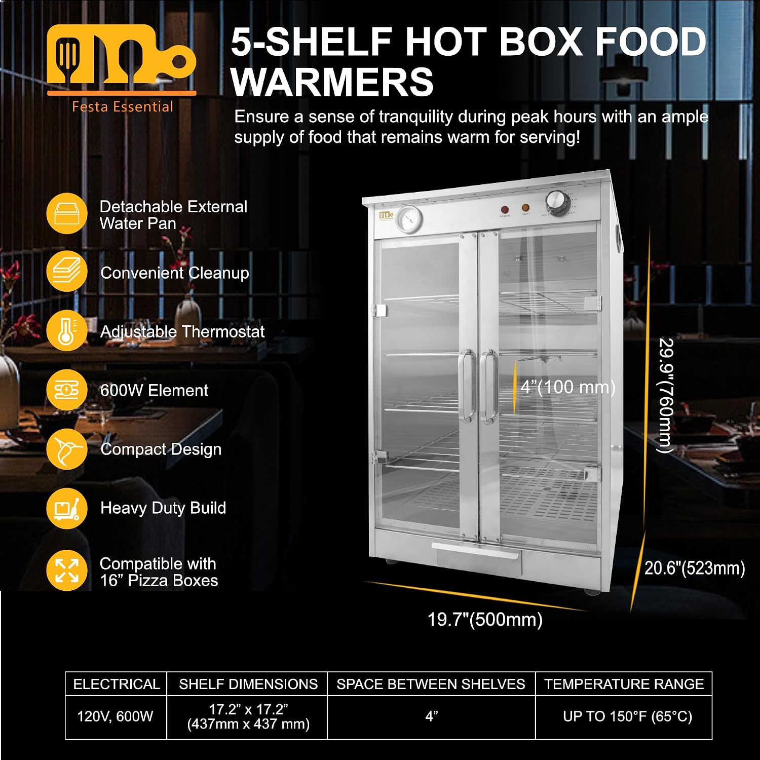 5-Shelf Electric Hot Box Food Warmer, Fits up to (10) 16' Pizza Boxes, Countertop Heated Holding Cabinet for Pretzels, Warming Machine for Home and Commercial Use, w/Water Drawer, 120V 600W