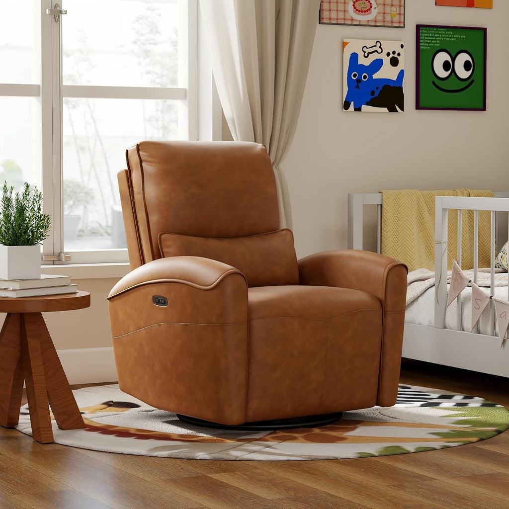 Bonzy Home Power Swivel Rocker Recliner Chair with USB Port, 23.2' Wide Seat, Fixed Lumbar Support, Upholstered Glider Chair for Nursery Living Room, Brown