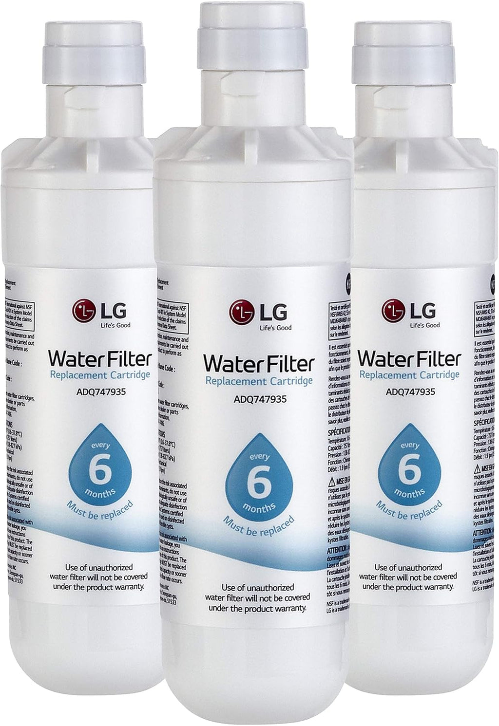 LG LT1000P3 6-Month / 200 Gallon Refrigerator Replacement Water Filter, 3 Count (Pack of 1), White
