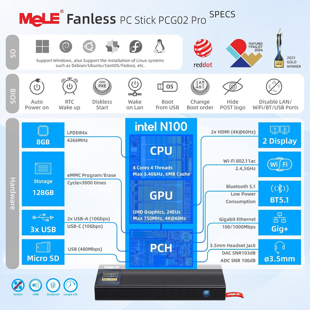 MeLE PCG02 Pro Fanless N100 Mini PC Stick 8GB LPDDR4x 128GB eMMC Win11pro Slim Micro Computer Stick Dual HDMI 4K Display WiFi 5 BT5.1 GbE, Support PD3.0 Protocol, on IoT, Digital Signage, MES, WMS