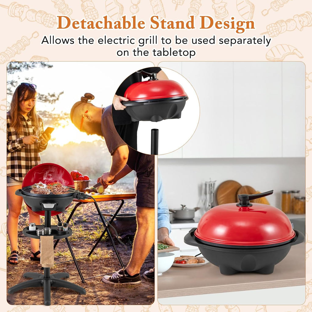 Happygrill Electric Grill Outdoor, 1350W Portable BBQ Grill w/Non-stick Griddle Plate, Temperature Control, Drip Tray, Temperature Control for Patio Camping (Red, 24.5'' Dia x 38.5'' H)