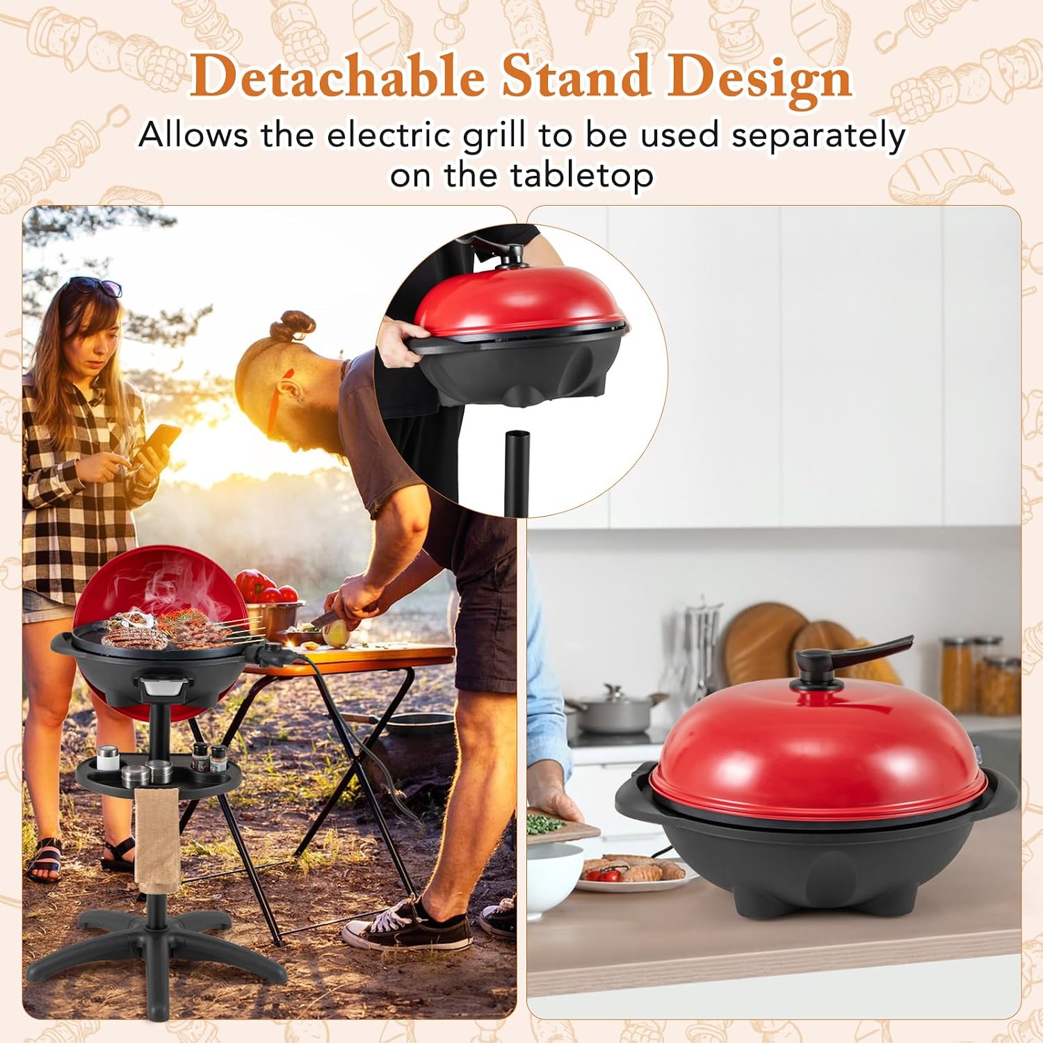 Happygrill Electric Grill Outdoor, 1350W Portable BBQ Grill w/Non-stick Griddle Plate, Temperature Control, Drip Tray, Temperature Control for Patio Camping (Red, 24.5'' Dia x 38.5'' H)