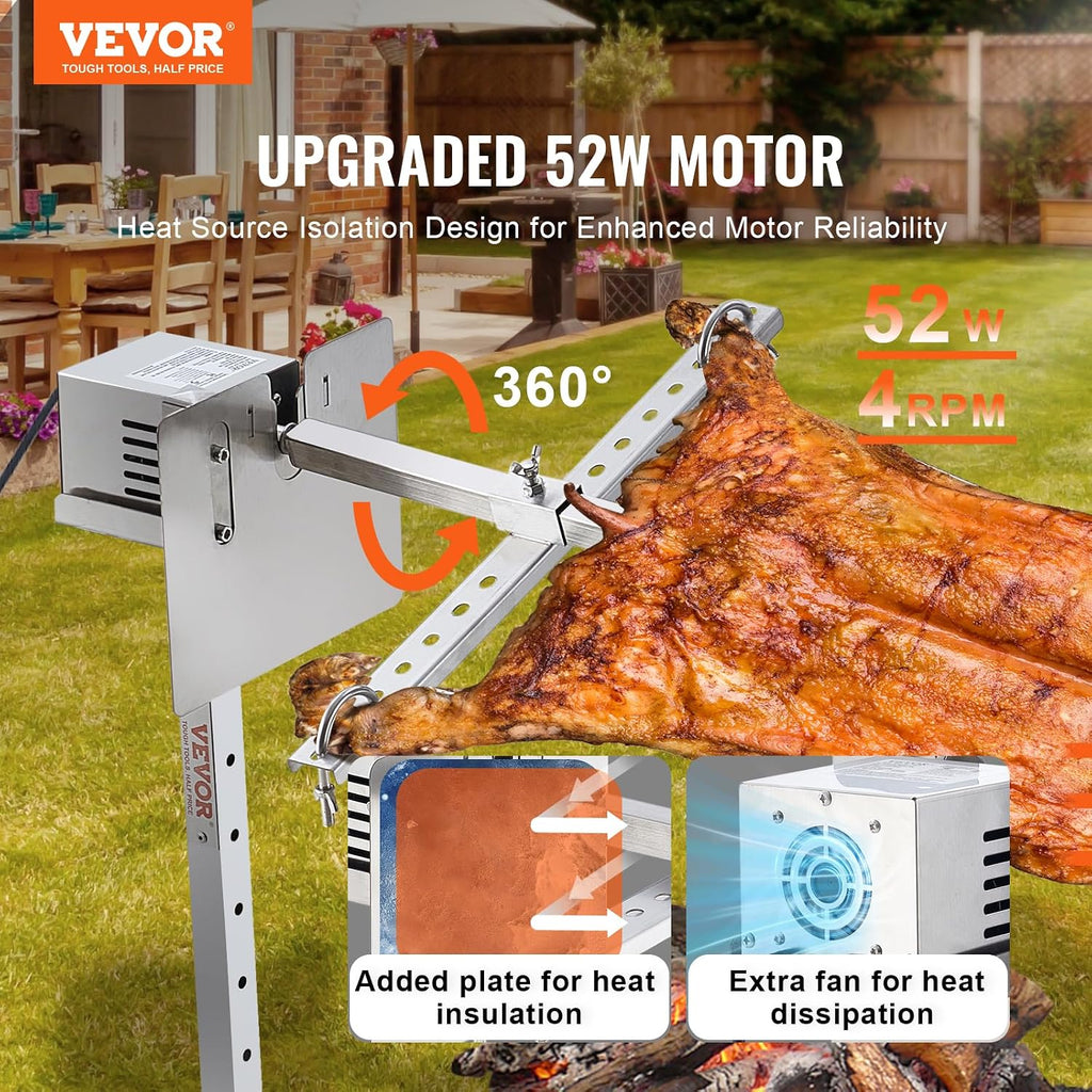 VEVOR Electric BBQ Rotisserie Grill Kit, 50 Inch 132 lbs Capacity, Automatic 52W Motor Height Adjustable Universal Roaster Stand, Stainless Steel Grilling Kit, Spit Rod with Heat Shield for Pig Lamb
