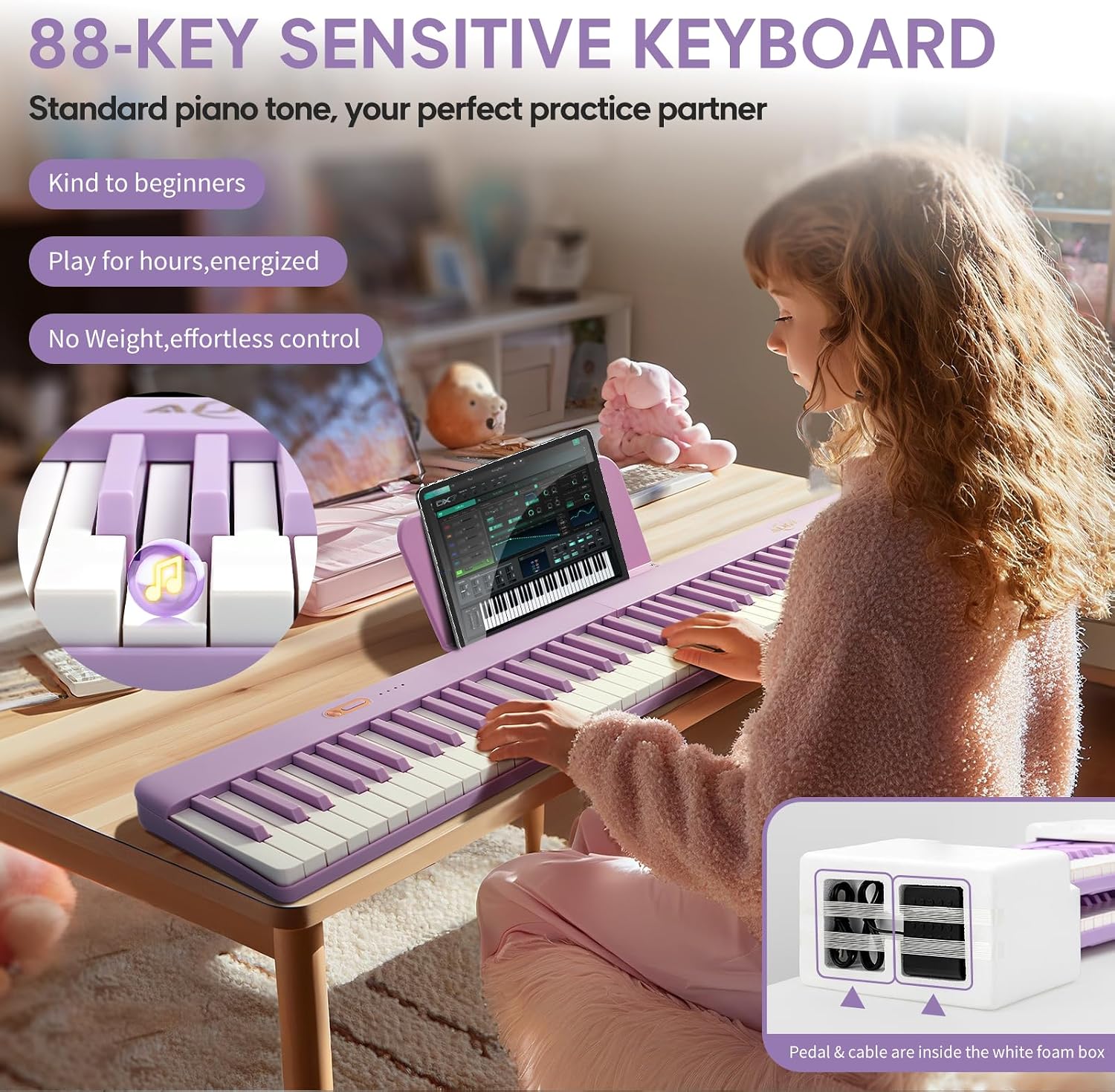 AiJoy Piano Keyboard 88 Keys with Magnetic Connection | for Beginners, Girls Gifts | Portable Foldable Electric Piano Keyboard, Lightweight Purple Keys, Sustain Pedal, Piano Bag(ASP-10M)