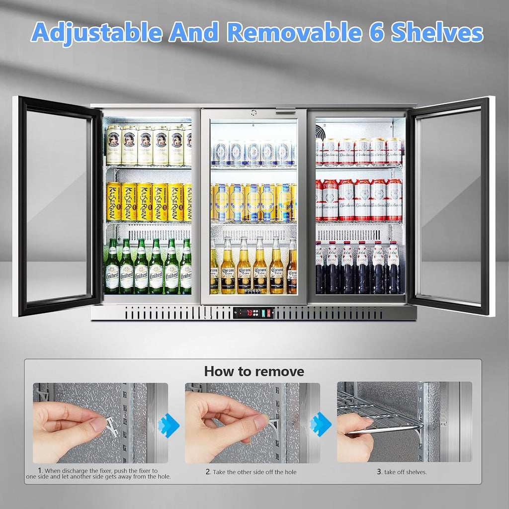 BODEGA BODEGACOOLER Back Bar Cooler, 11.4 Cu.Ft Stainless Steel Commercial Bar Fridge with 3 Glass Doors,Counter Height Bar Beverage Cooler with LED Lighting for Beer,Soda Drinks,Wine