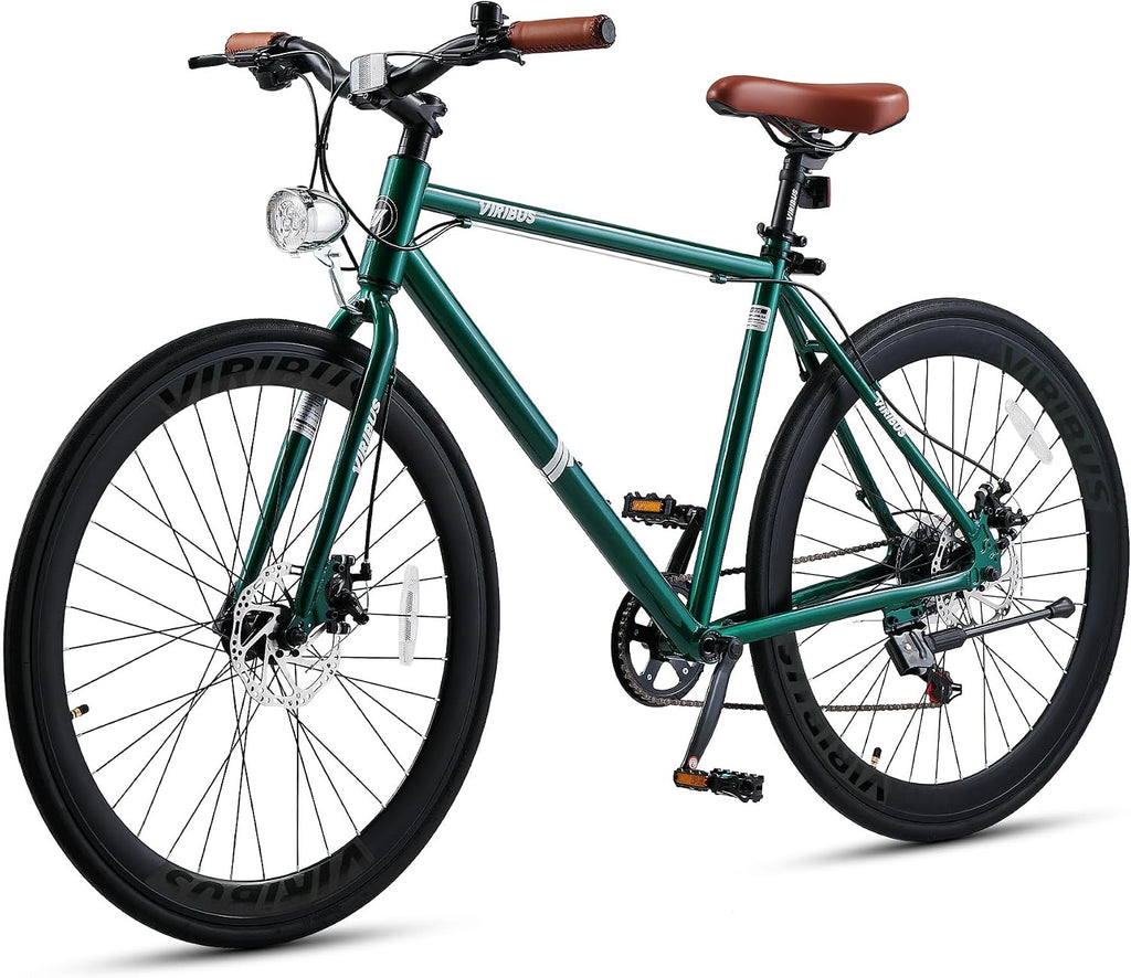 VIRIBUS Hybrid Bikes, 28 inch Mens Hybrid Bicycle 7 Speed with Lightweight Aluminum Frame & Disc Brakes, 700C Retro Vintage Adult Bike for Tall Men & City Commuters 85% Pre-Assembled