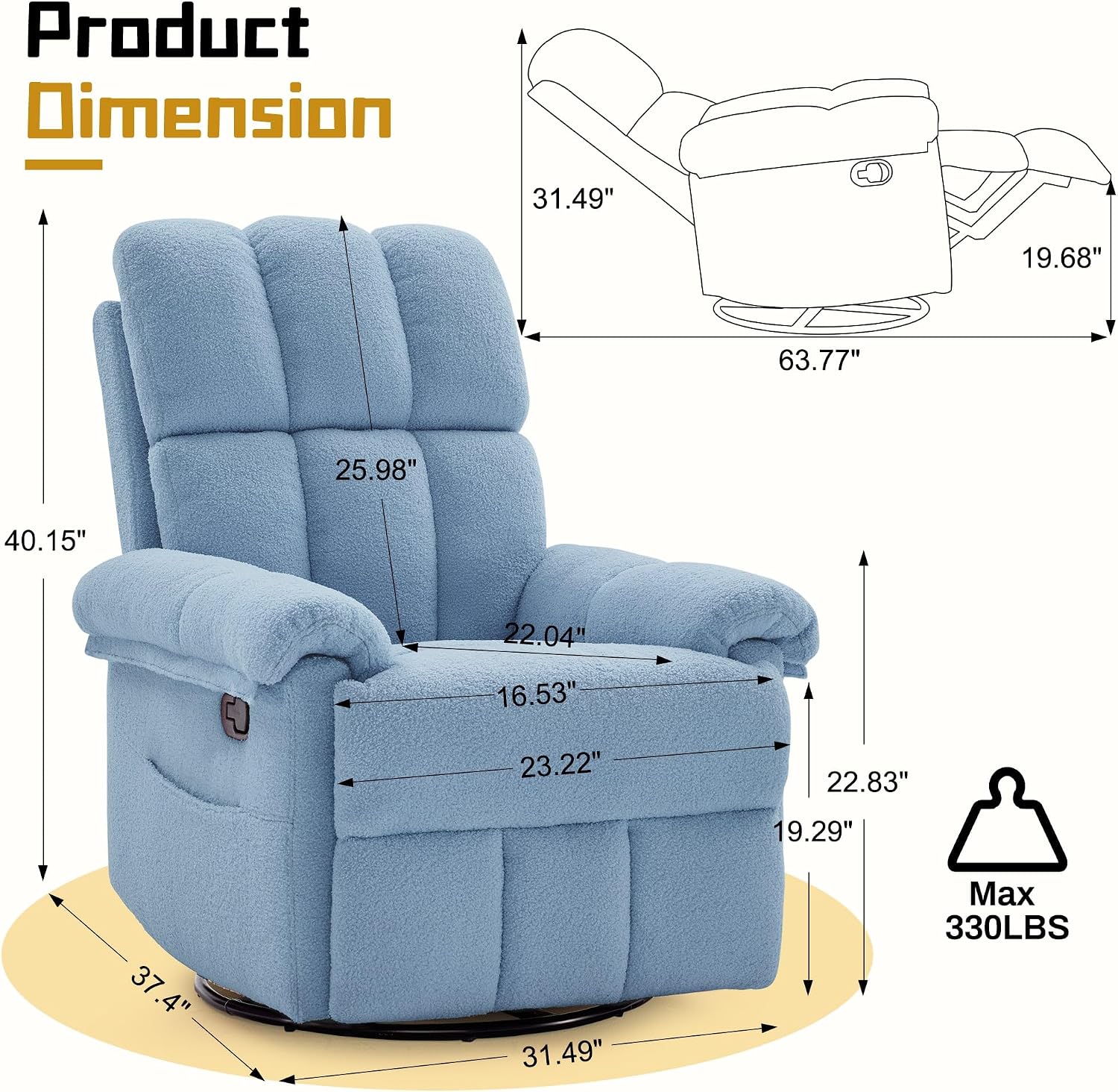 Korser Recliner Chair, Swivel Rocker Recliner Chair for Adults, Small Recliners for Small Spaces, Manual Recliner with Side Pockets, Upholstered Nursery Rocking Chair for Living Room, Sherpa, Blue