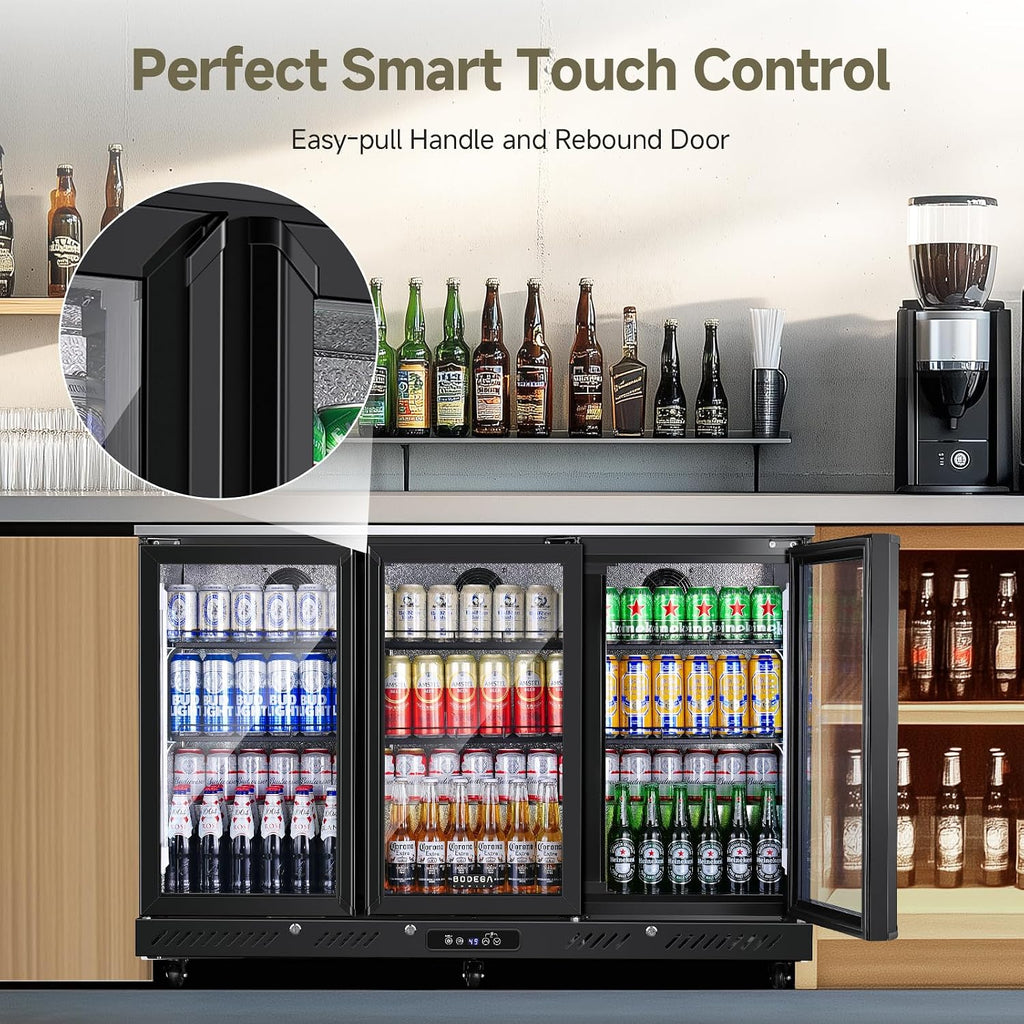 BODEGACOOLER Commercial Bar Cooler With 3 Glass Doors,12 Cu.Ft Counter Height Back Beverage Refrigerator,Display Bar Fridge with LED Lighting,Beverage Cooler for Beer Stainless Steel Top,With Casters