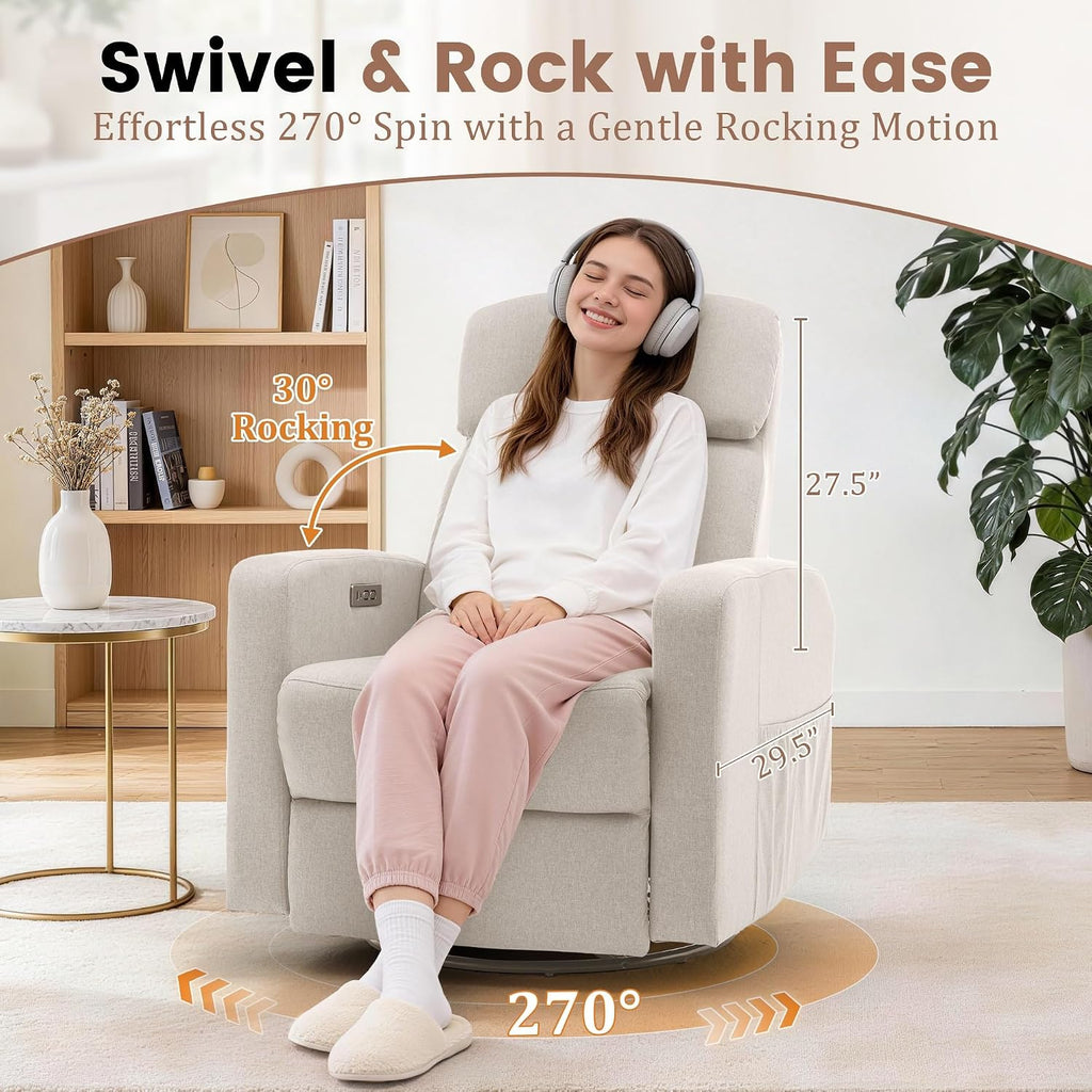 Korser Power Swivel Recliner Chairs for Adults, Electric Glider Rocking Chair Nursery, Glider Recliner Nursery Chair with Classified Side Pocket, Nursery Rocking Chairs with USB and Type-C Ports