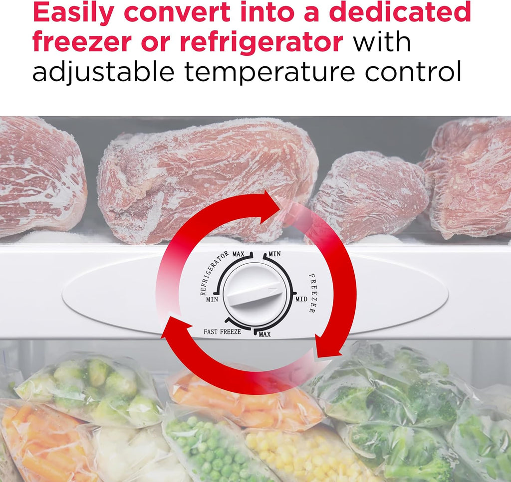 Frigidaire 7.0 Cu. Ft. Upright Convertible Fridge/Freezer, Reversible Door, Removable Glass Shelves, Adjustable Controls, Platinum Finish