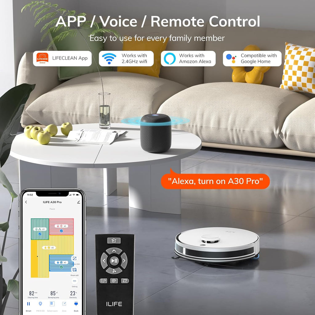 ILIFE A30 Pro Robot Vacuum and Mop, Self Emptying Station for 60 Days, 5000Pa Suction, LiDAR Navigation, No-Go Zones, 2.4G WiFi/App/Alexa/Remote Control, Clean Hard Floors to Medium-Pile Carpet, 110V