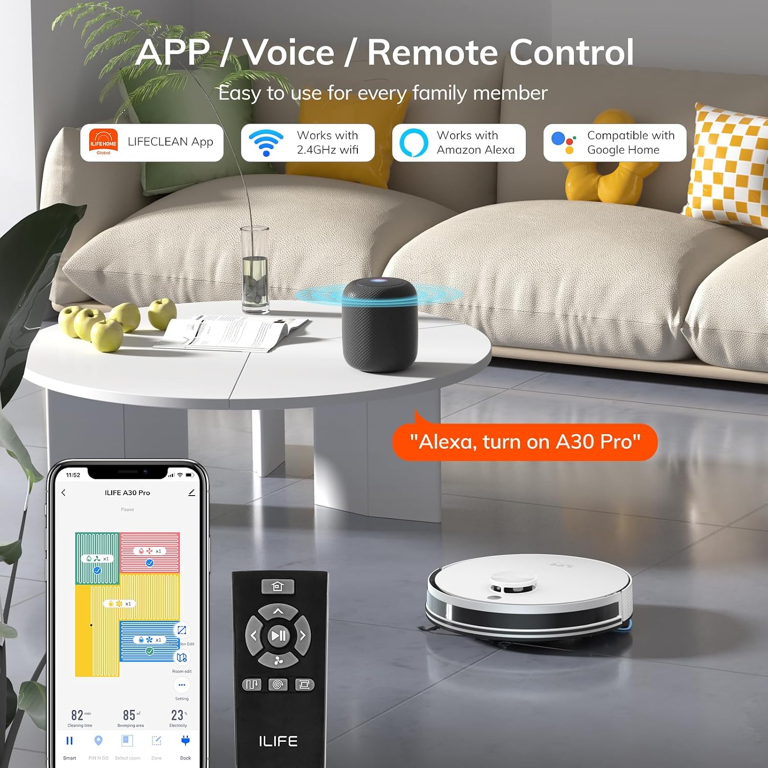 ILIFE A30 Pro Robot Vacuum and Mop, Self Emptying Station for 60 Days, 5000Pa Suction, LiDAR Navigation, No-Go Zones, 2.4G WiFi/App/Alexa/Remote Control, Clean Hard Floors to Medium-Pile Carpet, 110V