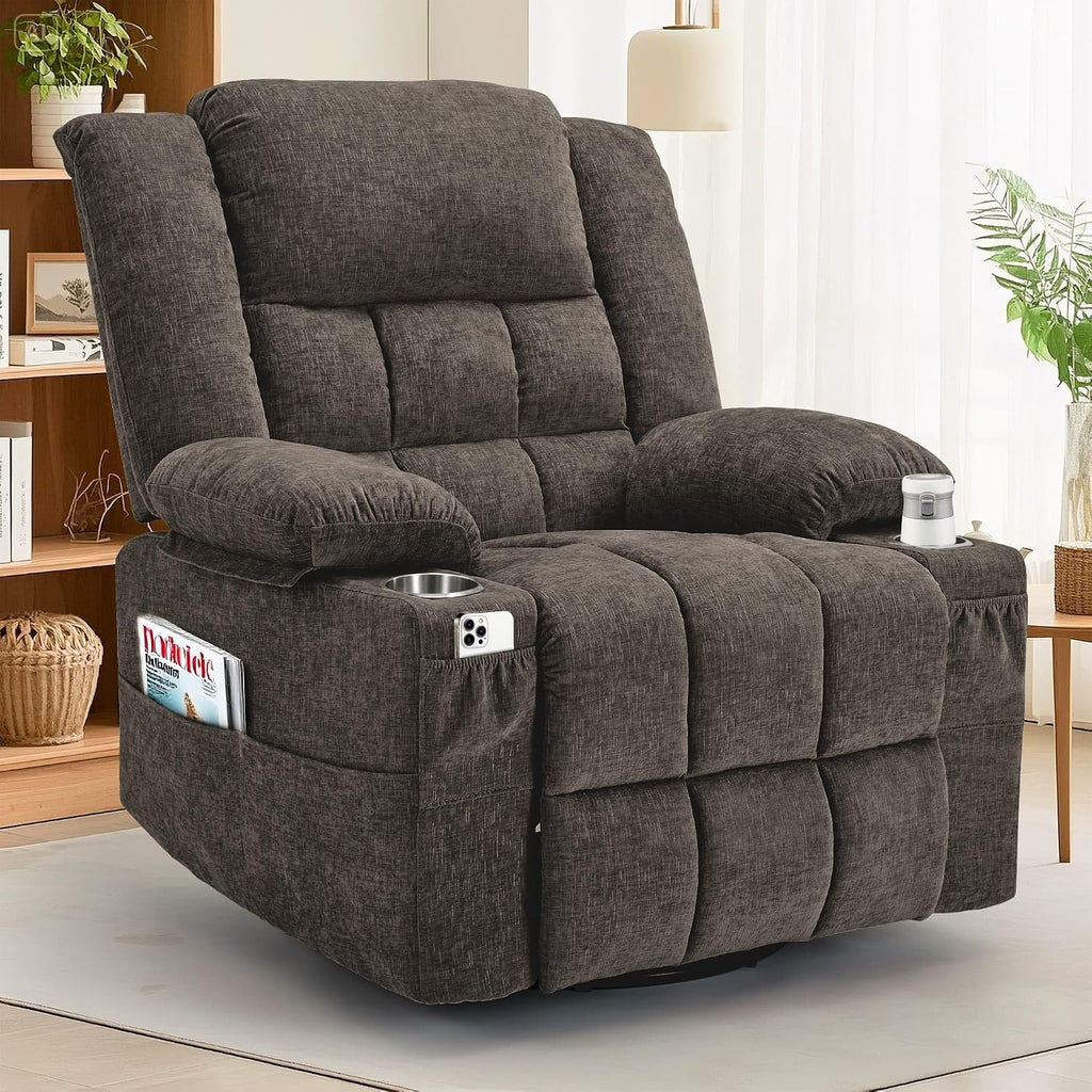Korser 360° Swivel Rocker Recliner for Adults, Nursery Glider Recliner with Massage and Heating, Rocking Chair with Cup Holder, Manual Recliner Chair for Living Room, Bedroom (Fabric, Brown)