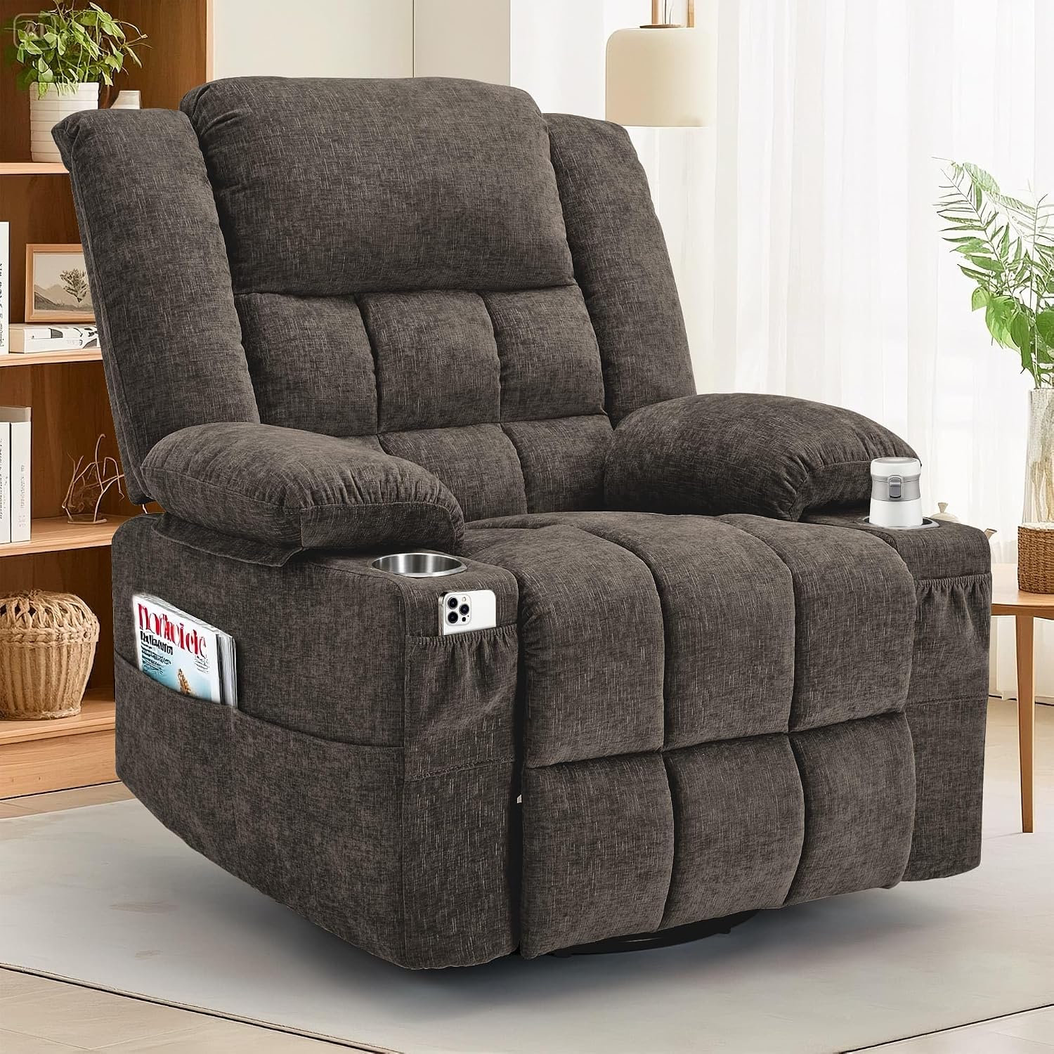 Korser 360° Swivel Rocker Recliner for Adults, Nursery Glider Recliner with Massage and Heating, Rocking Chair with Cup Holder, Manual Recliner Chair for Living Room, Bedroom (Fabric, Brown)