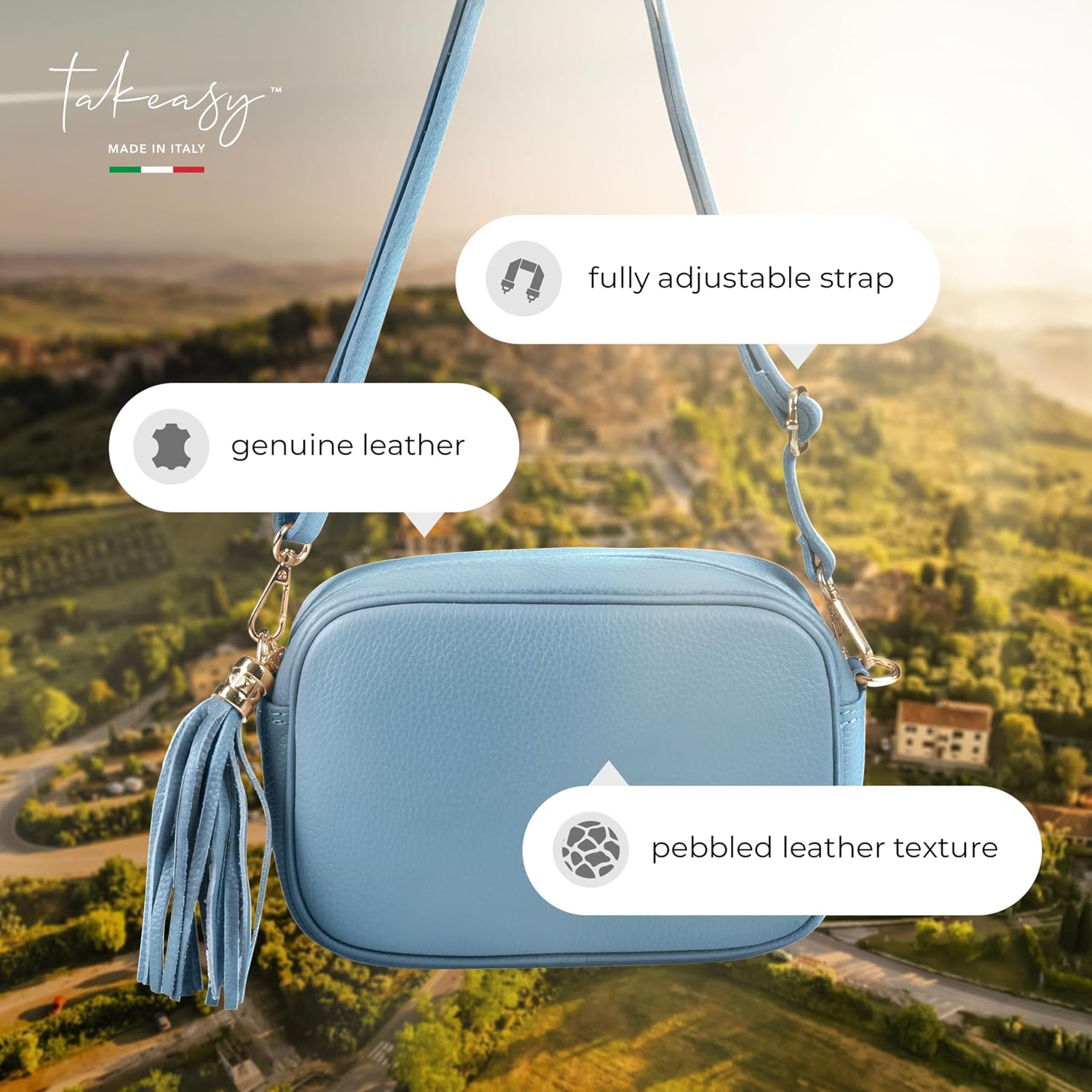 Italian Calf Leather Crossbody Bag for Women with Tassel Zipper | Small Camera Purse Shoulder Handbag Pocketbook