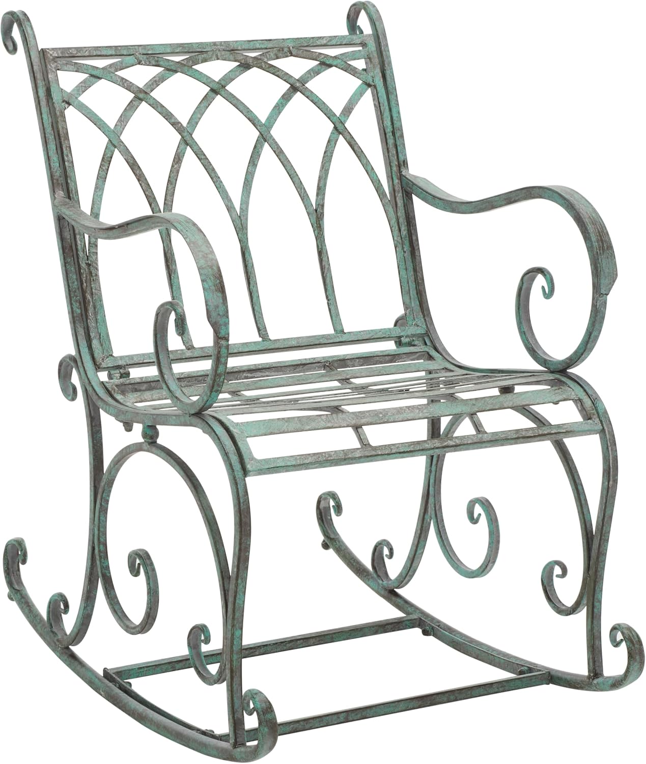 SAFAVIEH Outdoor - Medrano Iron Rocking Chair - Antique Dark Green Iron Metal - Vintage Ornate Scrollwork Design - Ideal for Patio, Deck, Porch, Garden, 15' Seat Height (PAT5030D)