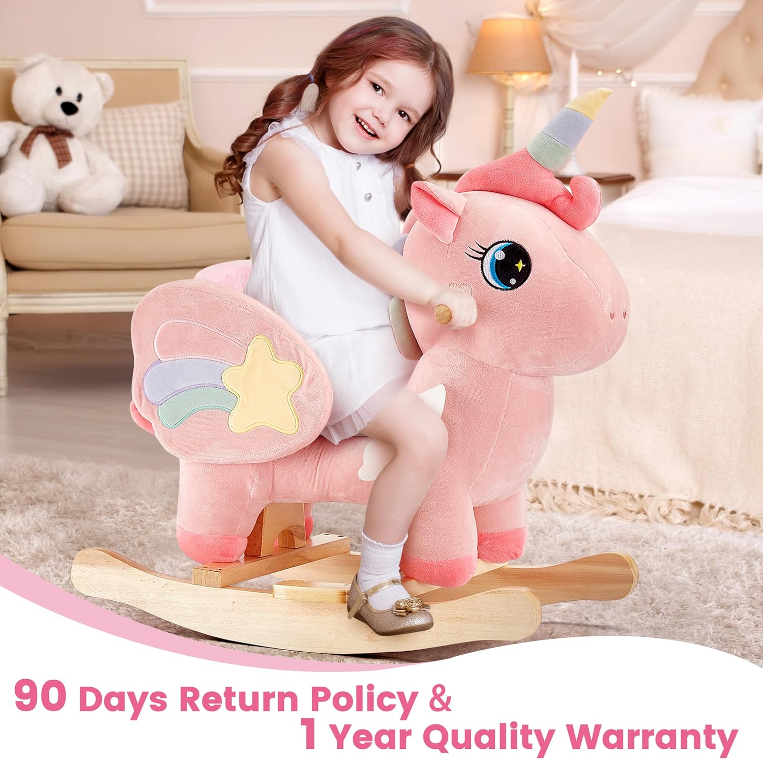 FUNLIO Unicorn Baby Rocking Horse, Pink Fairy Unicorn Rocking Horse for Toddlers 6 Months to 3 Years, Stuffed Ride-on Animal Rocker, Easy to Assemble, CPC & CE Certified