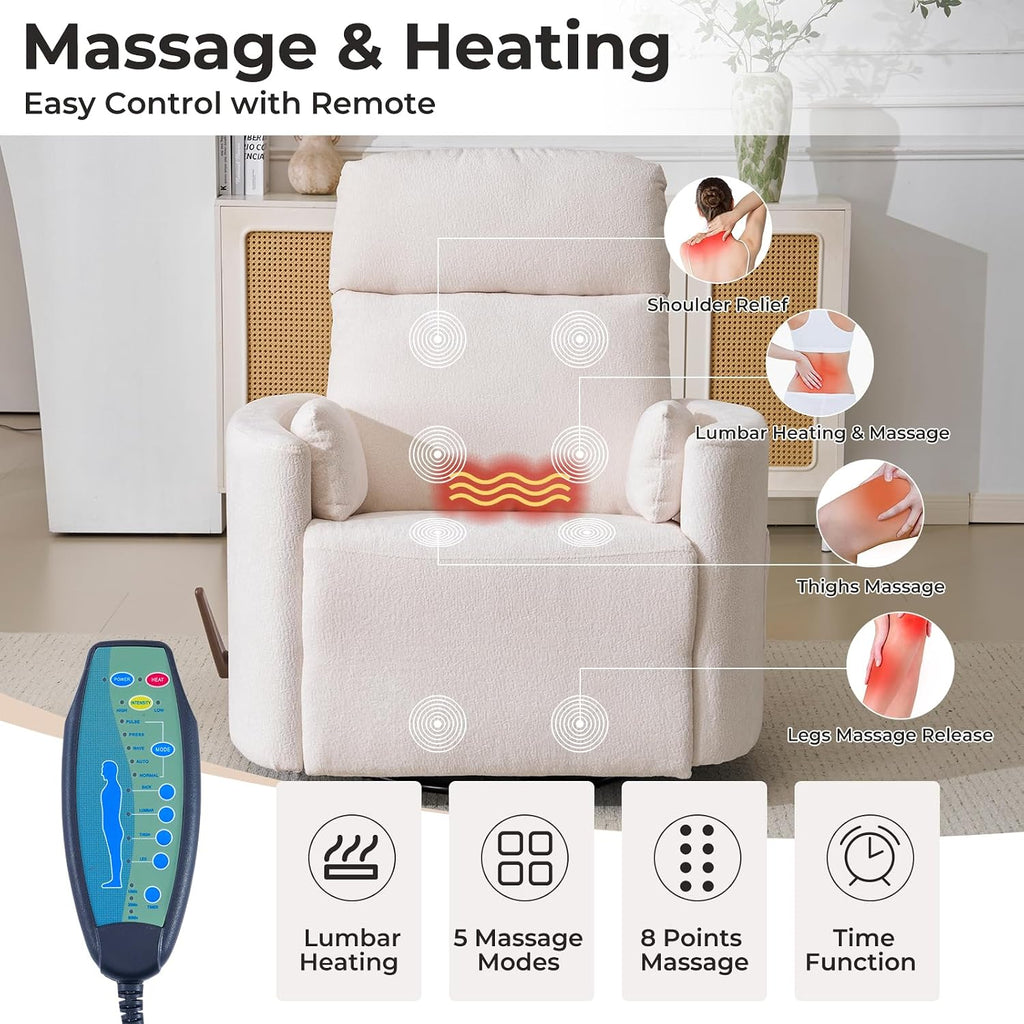 Oversized Swivel Recliner Chair with Massage and Heat, Rocking Chair Nursery with Adjustable Headrest, Rocking Chair Nursery Glider Chairs with 2 Pillows, Glider Rocker Recliner, White