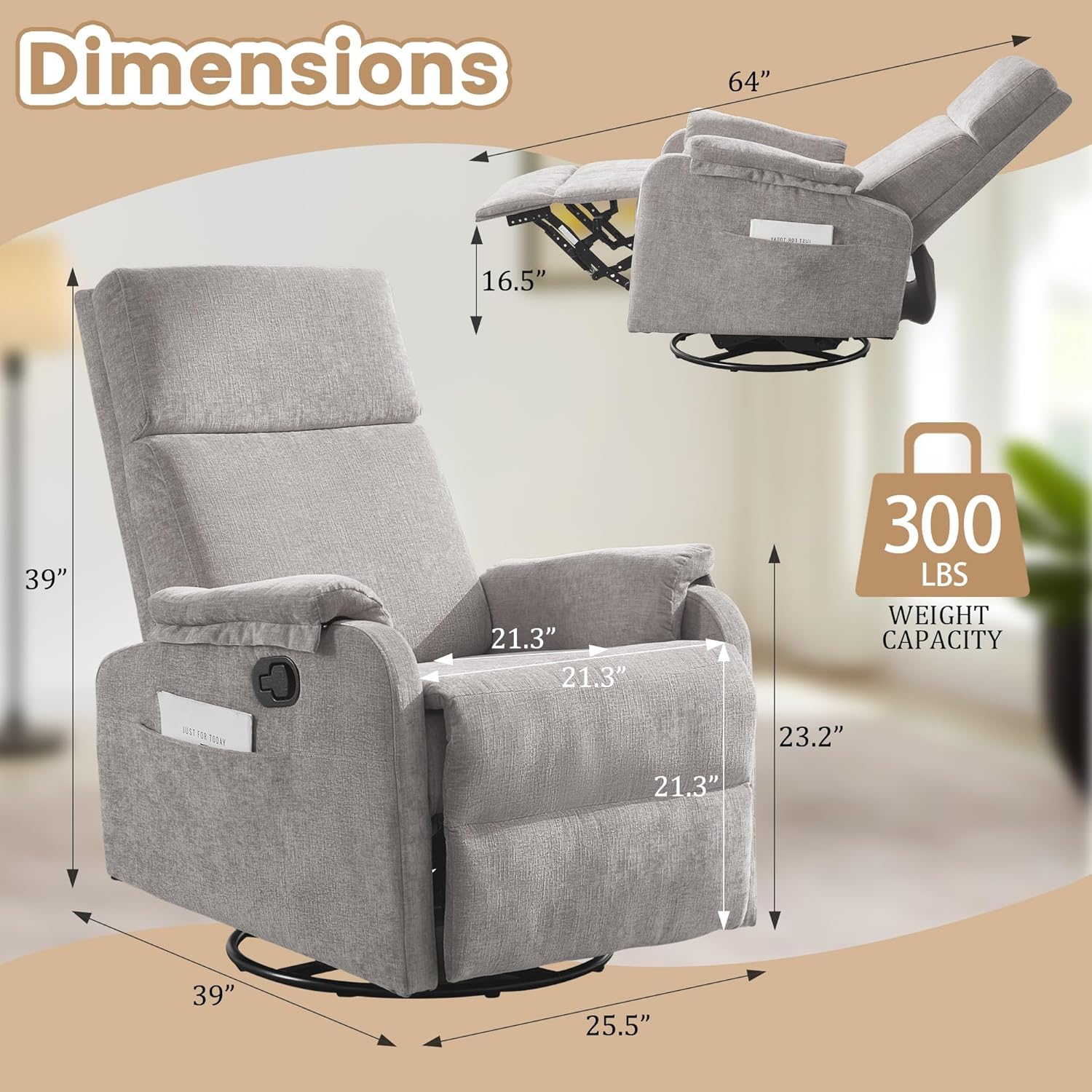 Korser Recliner Chair, Swivel Rocking Recliner Chair for Adults, Glider Rocking Chair, Small Nursery Chair Recliner for Living Room, Reclining Chair with Modern-Designed Armrests, Chenille, Grey