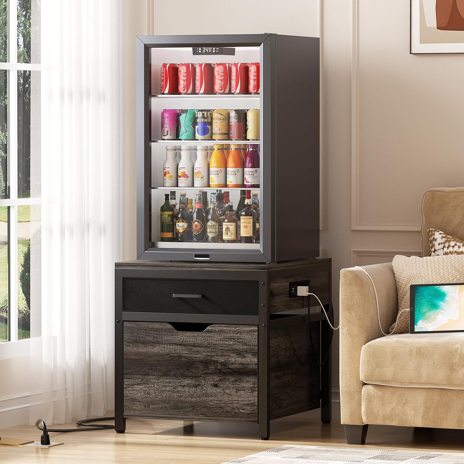 Unikito Mini Fridge Stand with Storage and Charging Station, Refrigerator Table with Drawer Basket for Dorm, Apartment, Office, Bedroom, Heavy Duty Small Refrigerator Stand Cart, Hold 300LBS, Gray Oak