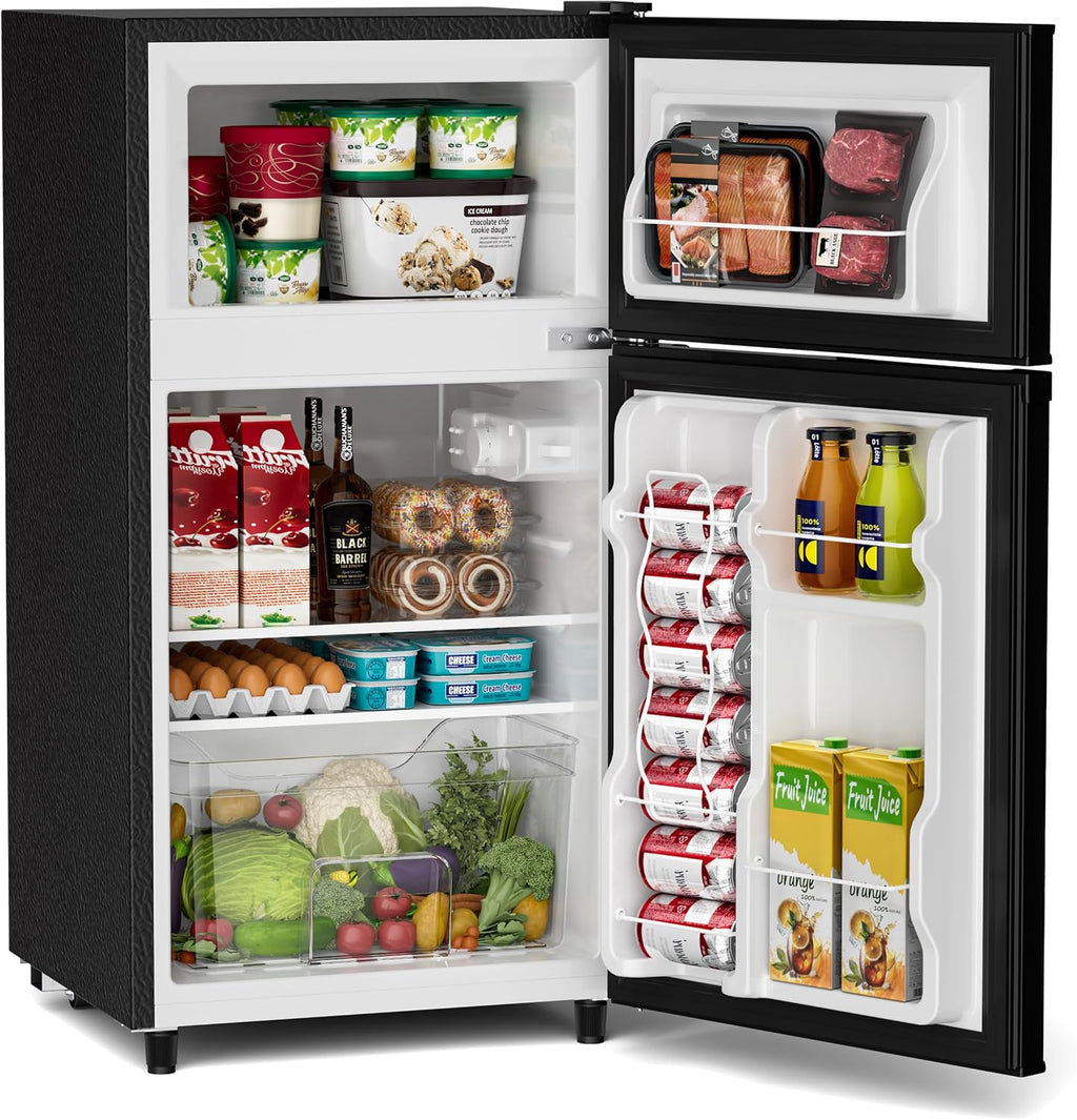 Tehanld Double Door Refrigerator with Freezer, 3.5 Cu.Ft, Small Fridge with Freezer, 7 Settings Temperature Adjustable, Mini Refrigerator for Office and Apartment Bedroom Dorm(3.5 Cu.Ft, Black)