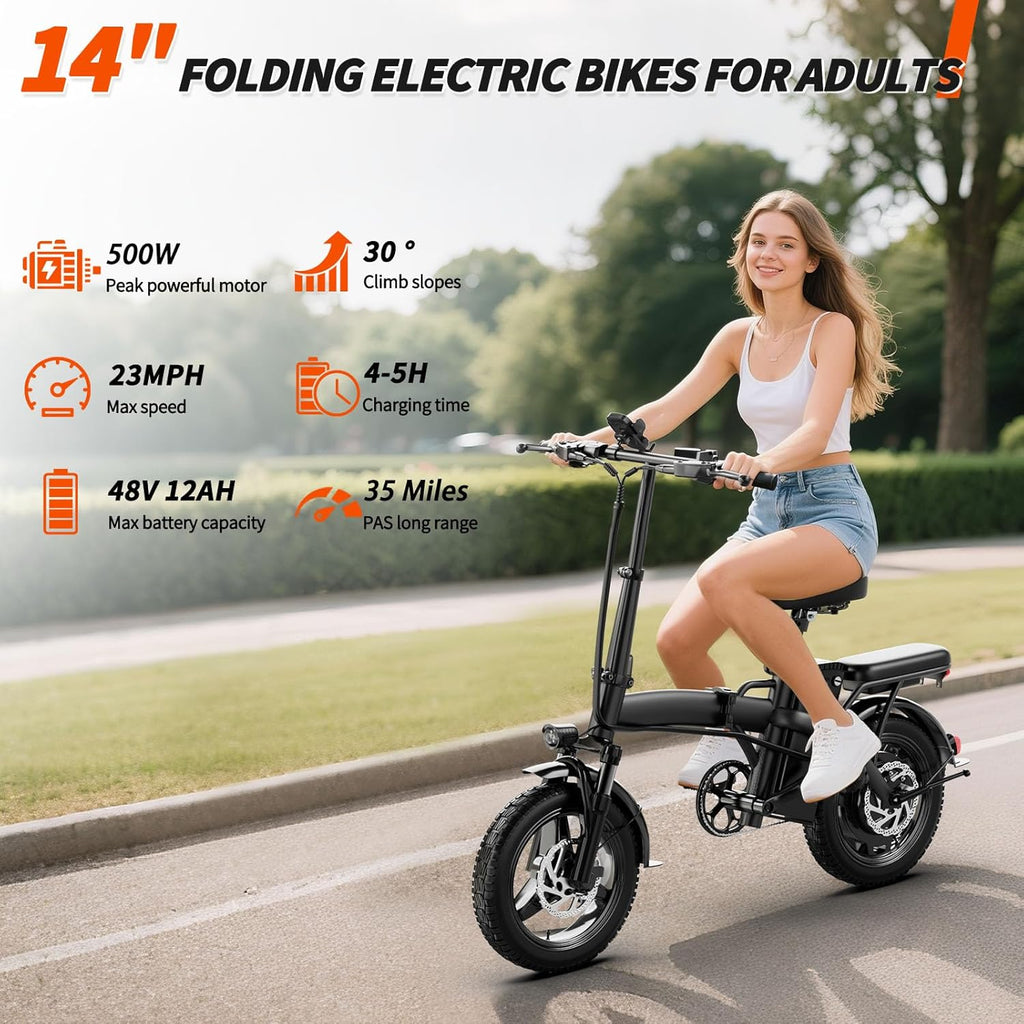 Electric Bike for Adults 500W Peak Motor, 14' Folding Ebike Max 23MPH, Electric Bicycle with 48V12AH Removable Battery, 35Mile PAS Range, Multi-Shock Absorption,UL 2849,Commuting Mini E Bikes
