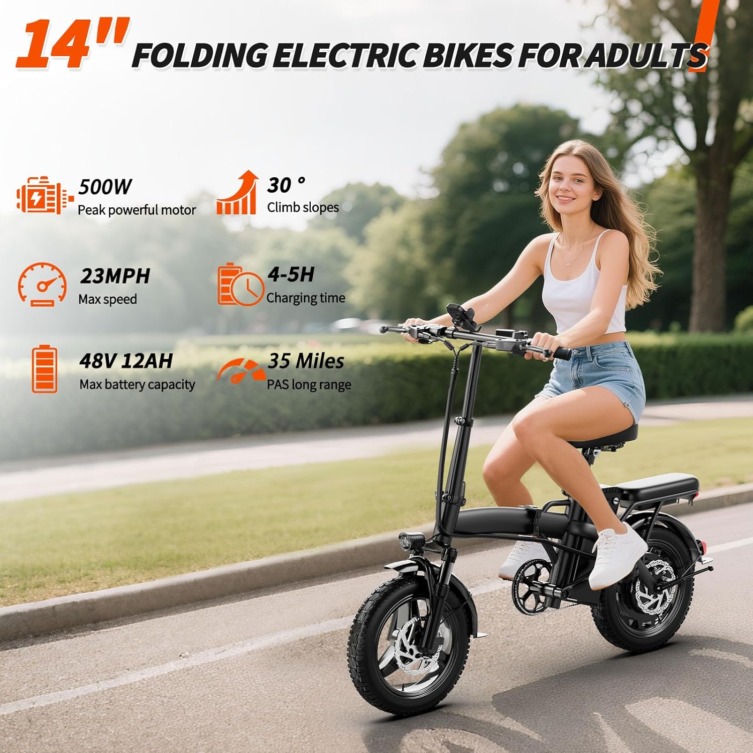 Electric Bike for Adults 500W Peak Motor, 14' Folding Ebike Max 23MPH, Electric Bicycle with 48V12AH Removable Battery, 35Mile PAS Range, Multi-Shock Absorption,UL 2849,Commuting Mini E Bikes