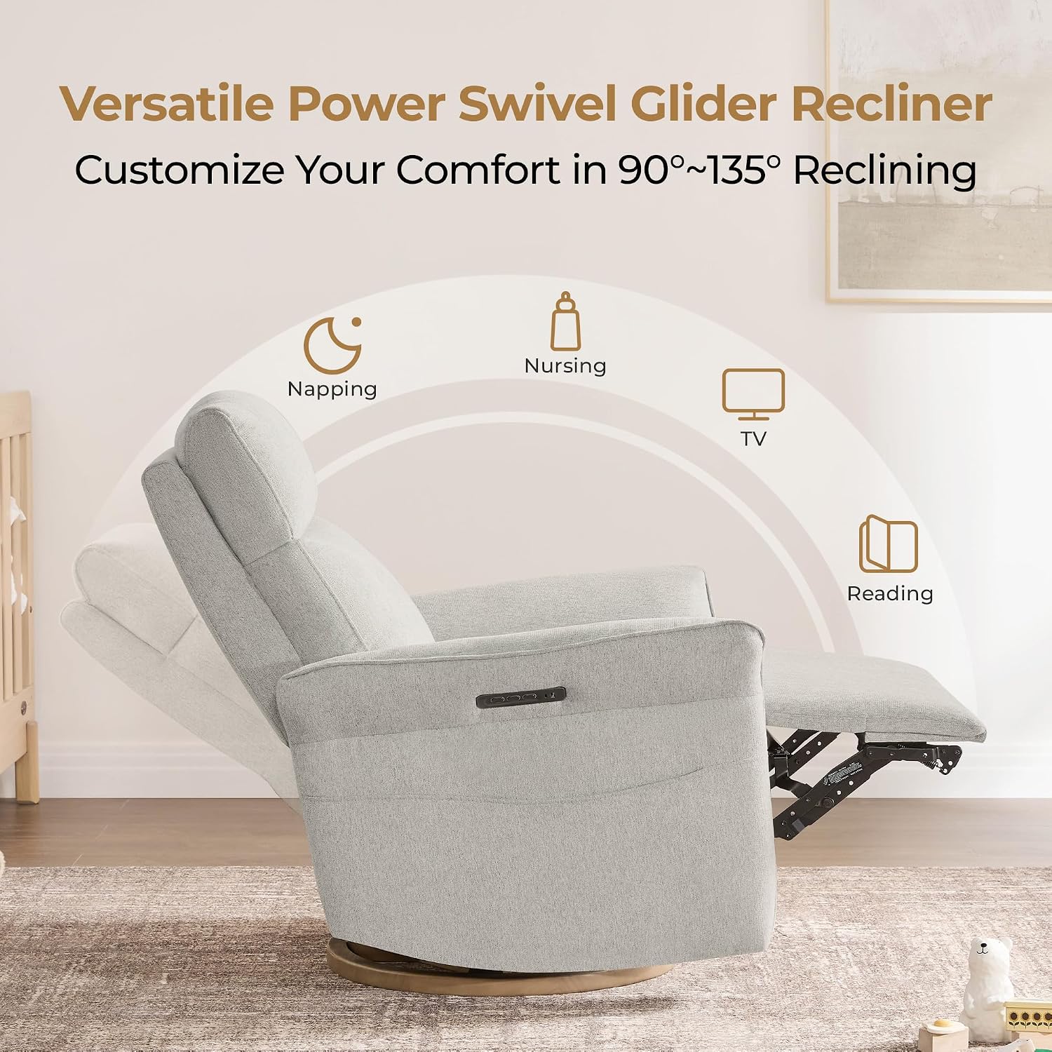CHITA Power Recliner Chair, Electric Triple-Motor Swivel Glider Nursery Rocking Chair with Adjustable Power Headrest and Lumbar Support, GREENGARD Gold Certified, Solid Wood Base, Crockery Grey