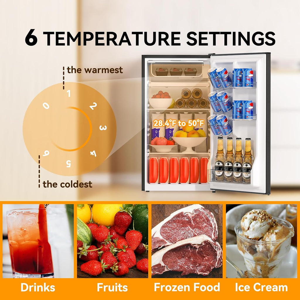 3.2 Cu. Ft. Single Door Mini Fridge with Freezer, Adjustable Thermostat, Energy Saving Low Noise Small Refrigerator for Bedroom Office Dorm, Black