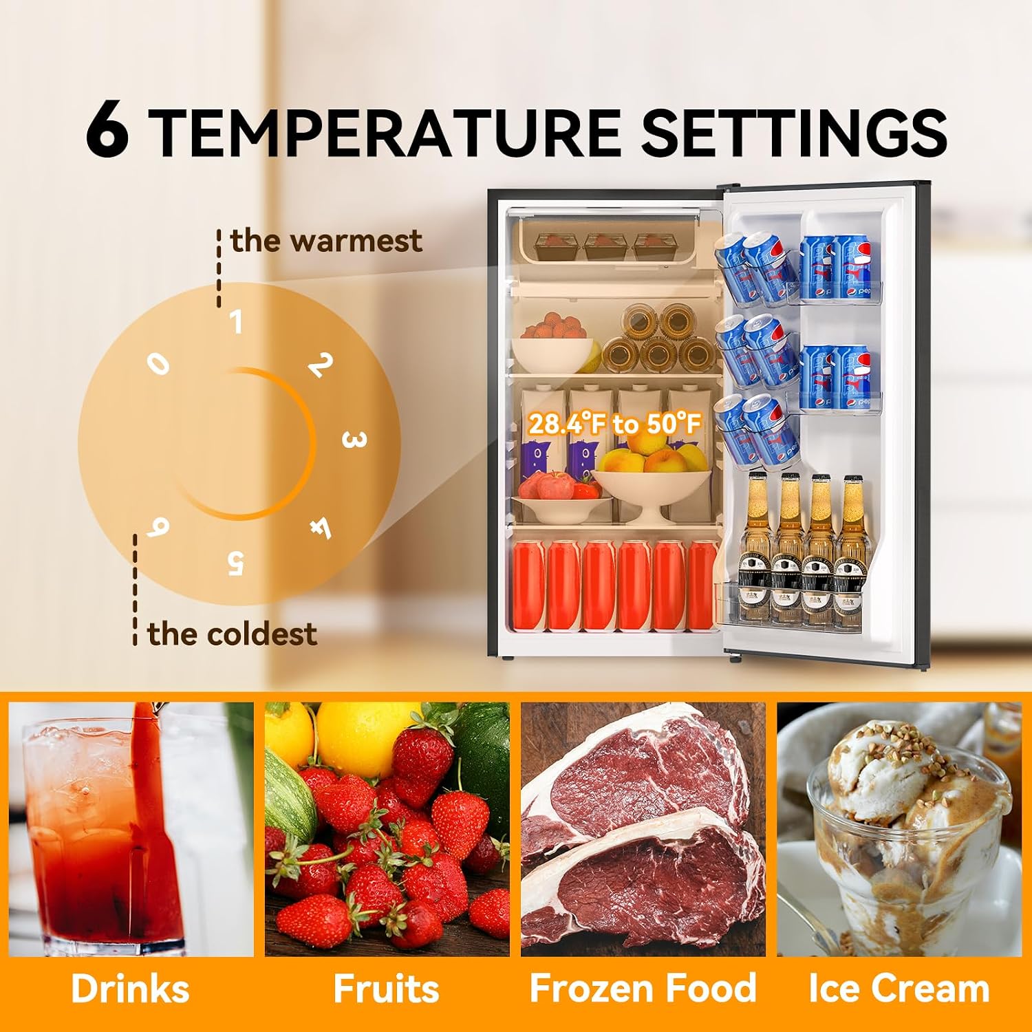3.2 Cu. Ft. Single Door Mini Fridge with Freezer, Adjustable Thermostat, Energy Saving Low Noise Small Refrigerator for Bedroom Office Dorm, Black