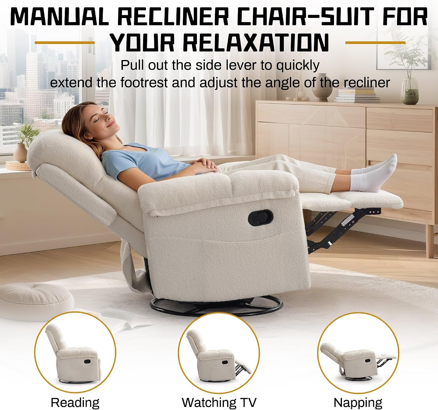 Korser Recliner Chair, Swivel Rocker Recliner Chair for Adults, Small Recliners for Small Spaces, Manual Recliner with Side Pockets, Upholstered Nursery Rocking Chair for Living Room, Sherpa, Beige