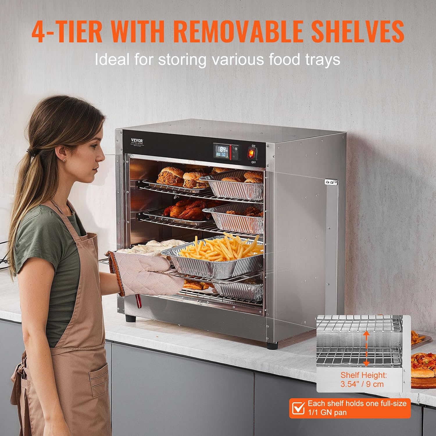 VEVOR Hot Box Food Warmer, 4-Tier Concession Warmer with Water Tray, 4 Pans, Glass Double-door and Adjustable Shelves, Stainless Steel Food Warmer Cabinet, Ideal for Storing Pizza, Chicken, Restaurant