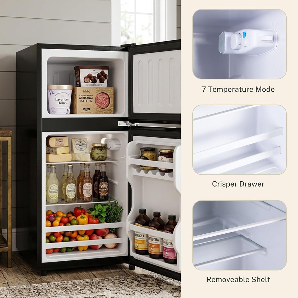 3.2 Cu.Ft Mini Fridge with Freezer, 2 Door Small Refrigerator with Adjustable Thermostat Energy-efficient Low Noise, Compact Fridge for Bedroom, Office, Dorm, Pewter