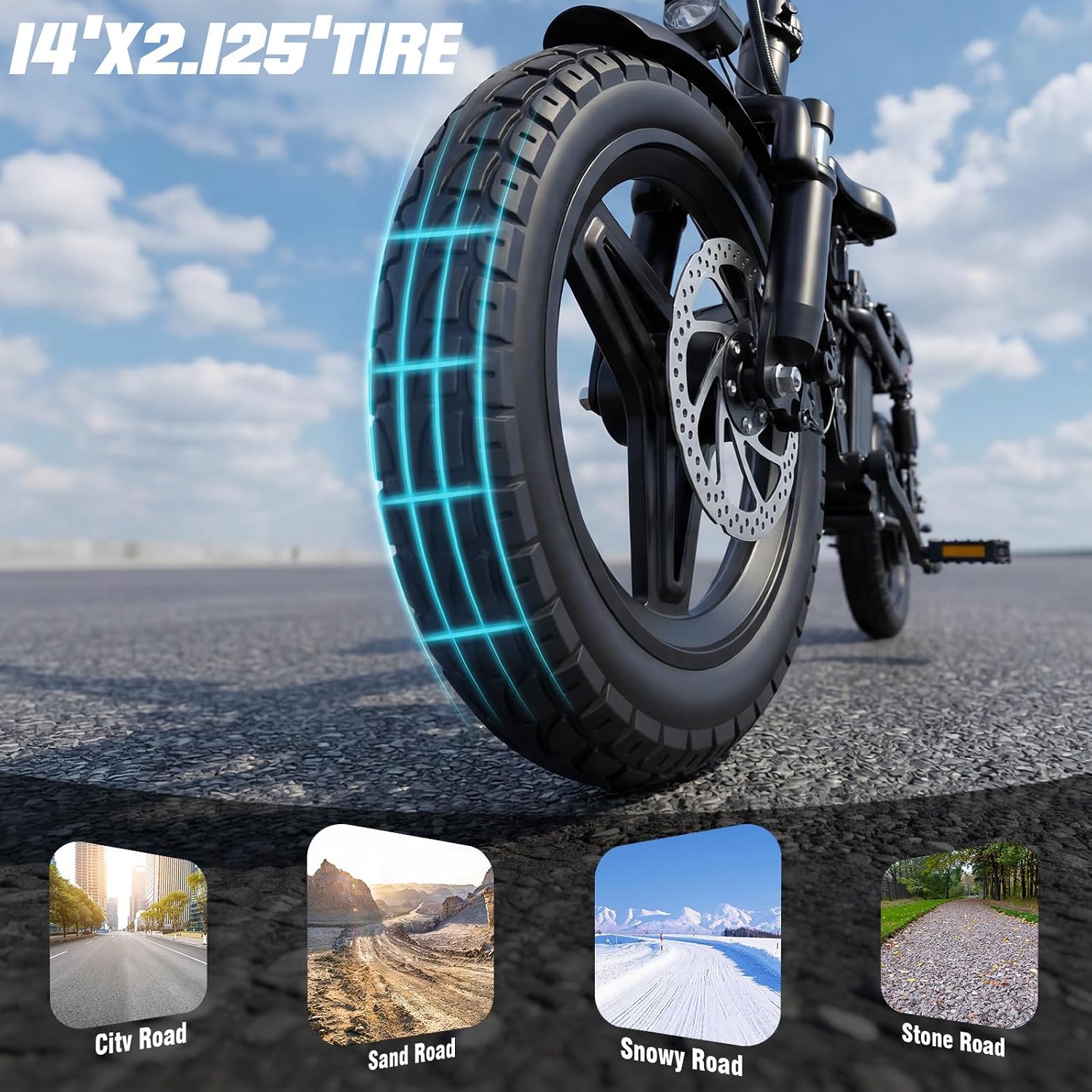 Heavy-Duty Foldable Electric Bike for Adults with 7 Shock Suspension, 500+ lbs Capacity, 740W Motor, 25MPH, 720Wh Battery, 20-Mile Range, 14' Fat Tires Commuter Bicycle for Road & Mountain Riding