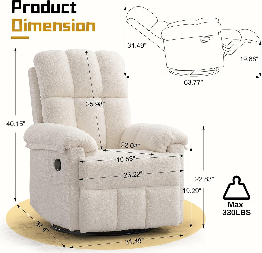 Korser Recliner Chair, Swivel Rocker Recliner Chair for Adults, Small Recliners for Small Spaces, Manual Recliner with Side Pockets, Upholstered Nursery Rocking Chair for Living Room, Sherpa, Beige