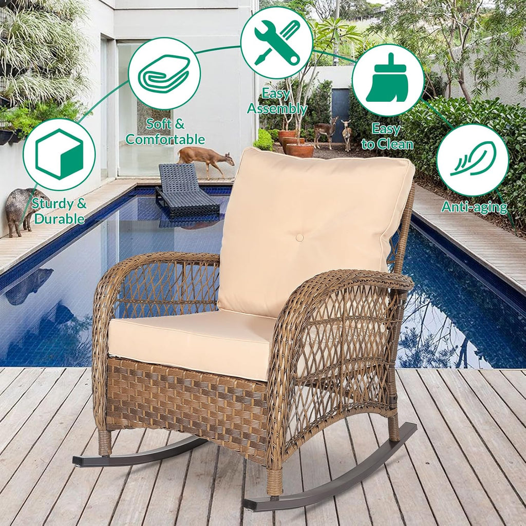 VIVIJASON Outdoor Wicker Rocking Chair, Patio Rattan Rocker Chair with Cushions & Steel Frame, All-Weather Rocking Lawn Wicker Furniture for Garden Backyard Porch (Beige)