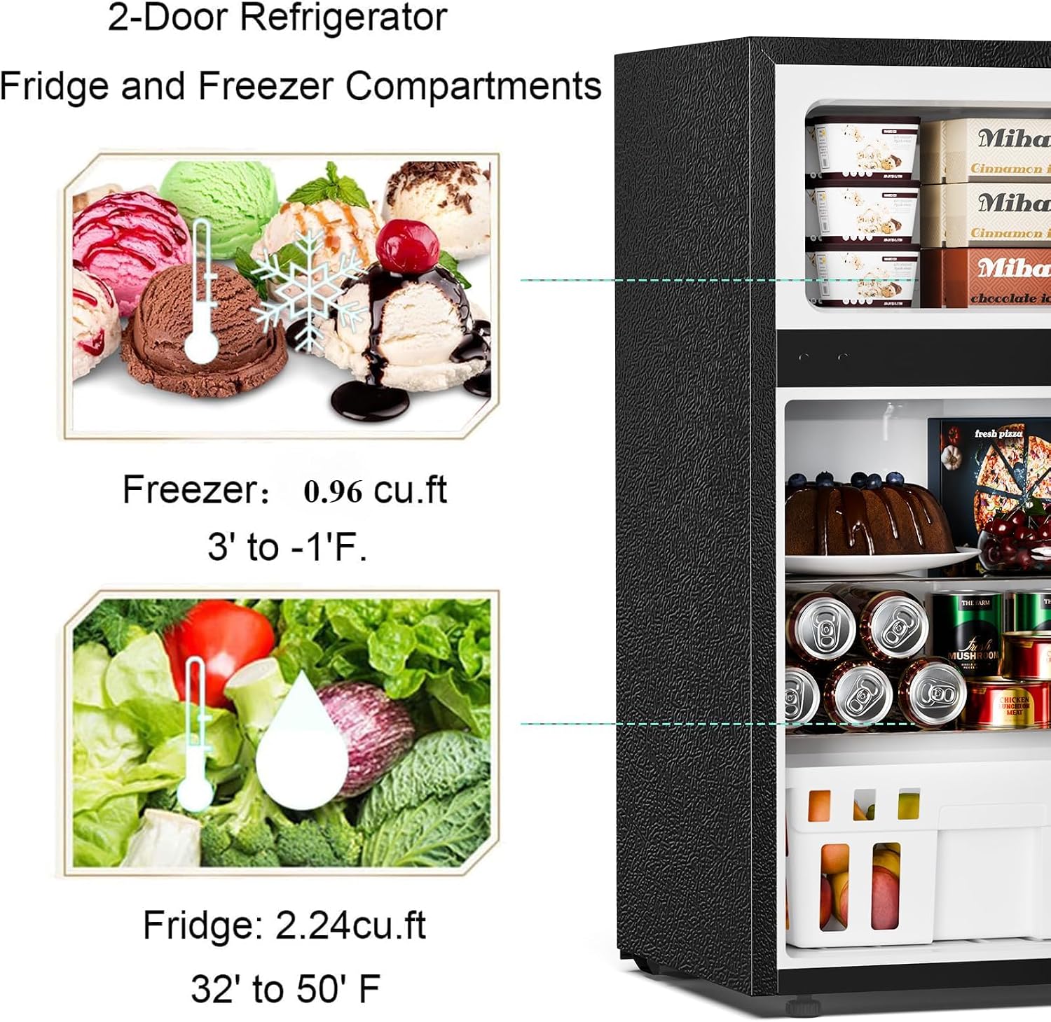 Antarctic Star Mini Compact Refrigerator, 3.2 Cu.Ft. Separate Freezer Double 2-Door Adjustable Removable Shelves for Apartment/Dorm/Office,BLACK