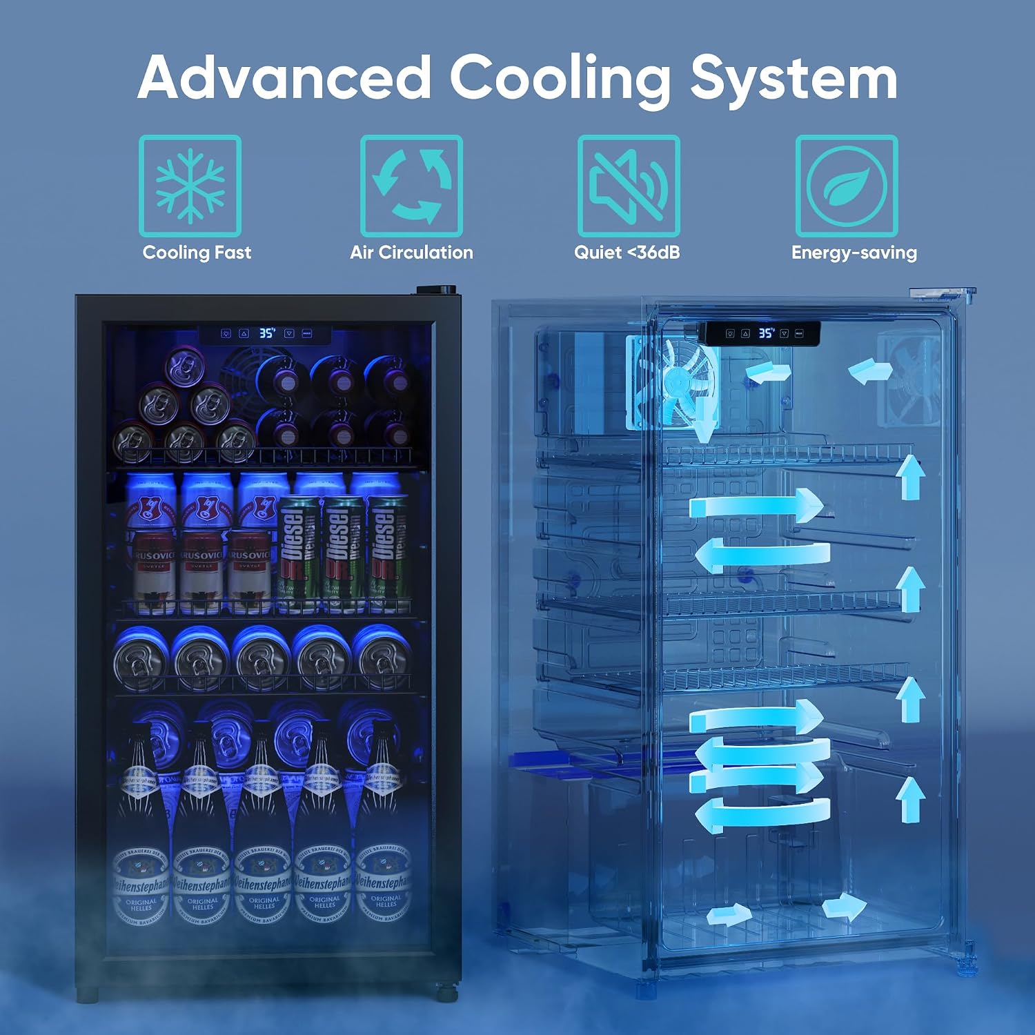 Tehanld Beverage Fridge, 130 Can Mini Fridge With Glass Door, Beverage Cooler Refrigerator, Wine Drink Beer Cooler, Adjustable Shelves & Digital Temperature Display