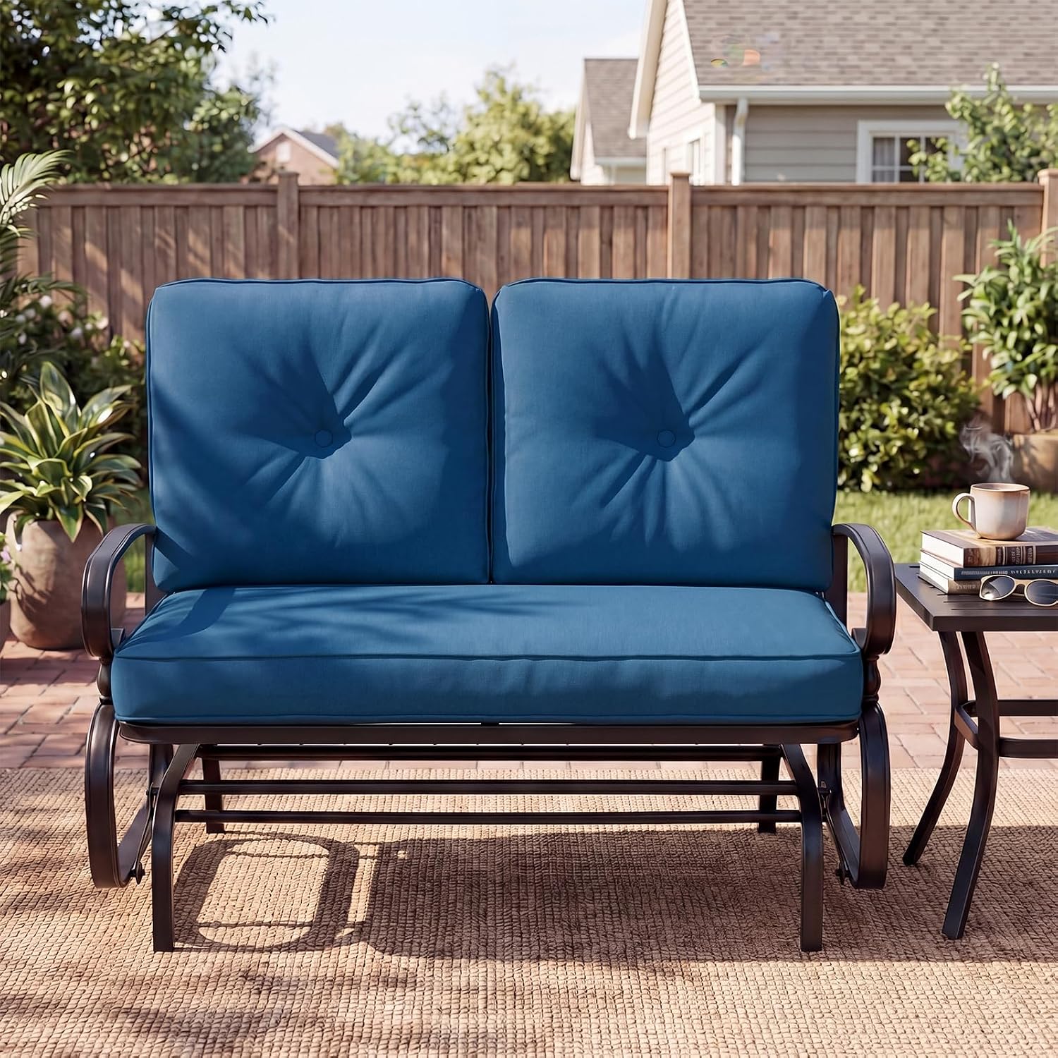 Giantex Outdoor Glider Bench, Patio 2 Person Loveseat with Removable Cushion, Thick Padded Seat, Stable Steel Frame, Outside Glider Swing Chair for Deck, Poolside, Yard, Porch Glider (Blue)