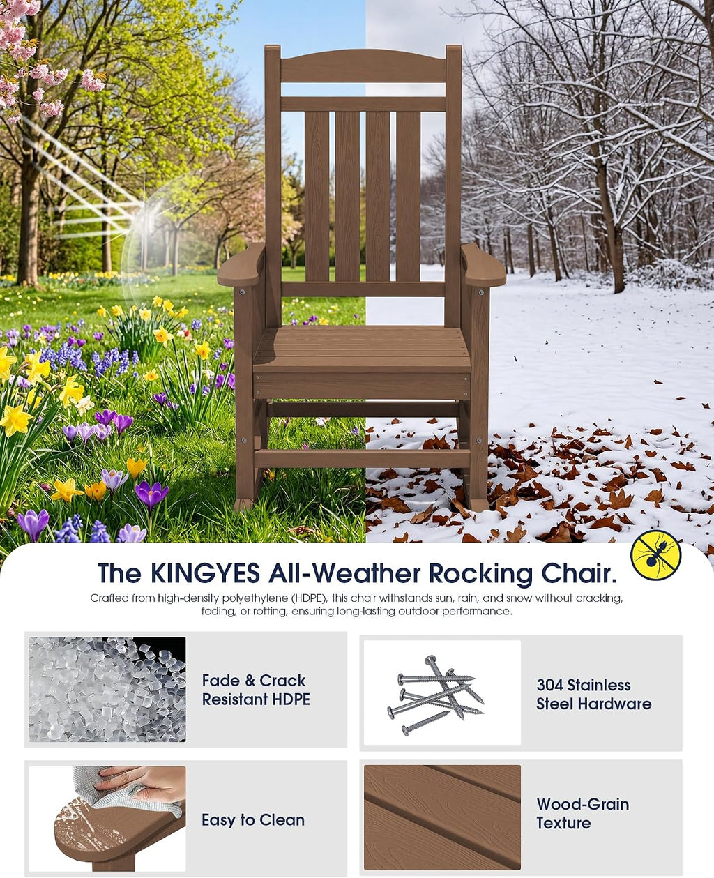KINGYES Oversized Outdoor Rocking Chair Set of 2, High Density Polyethylene Patio Rocking Chairs with 330lbs Support for Adults, Brown