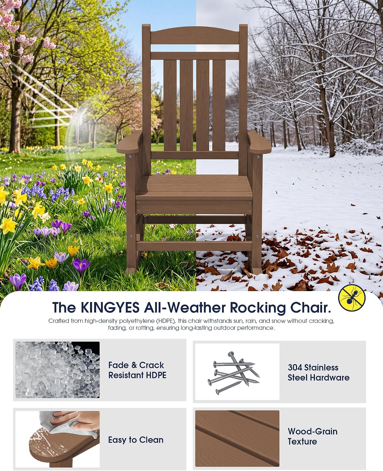 KINGYES Oversized Outdoor Rocking Chair Set of 2, High Density Polyethylene Patio Rocking Chairs with 330lbs Support for Adults, Brown