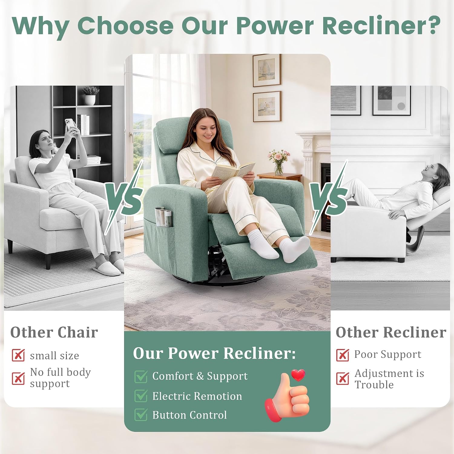 Korser Power Swivel Recliner Chairs for Adults, Electric Glider Rocking Chair Nursery, Glider Recliner Nursery Chair with Classified Side Pocket, Nursery Rocking Chairs with USB and Type-C Ports