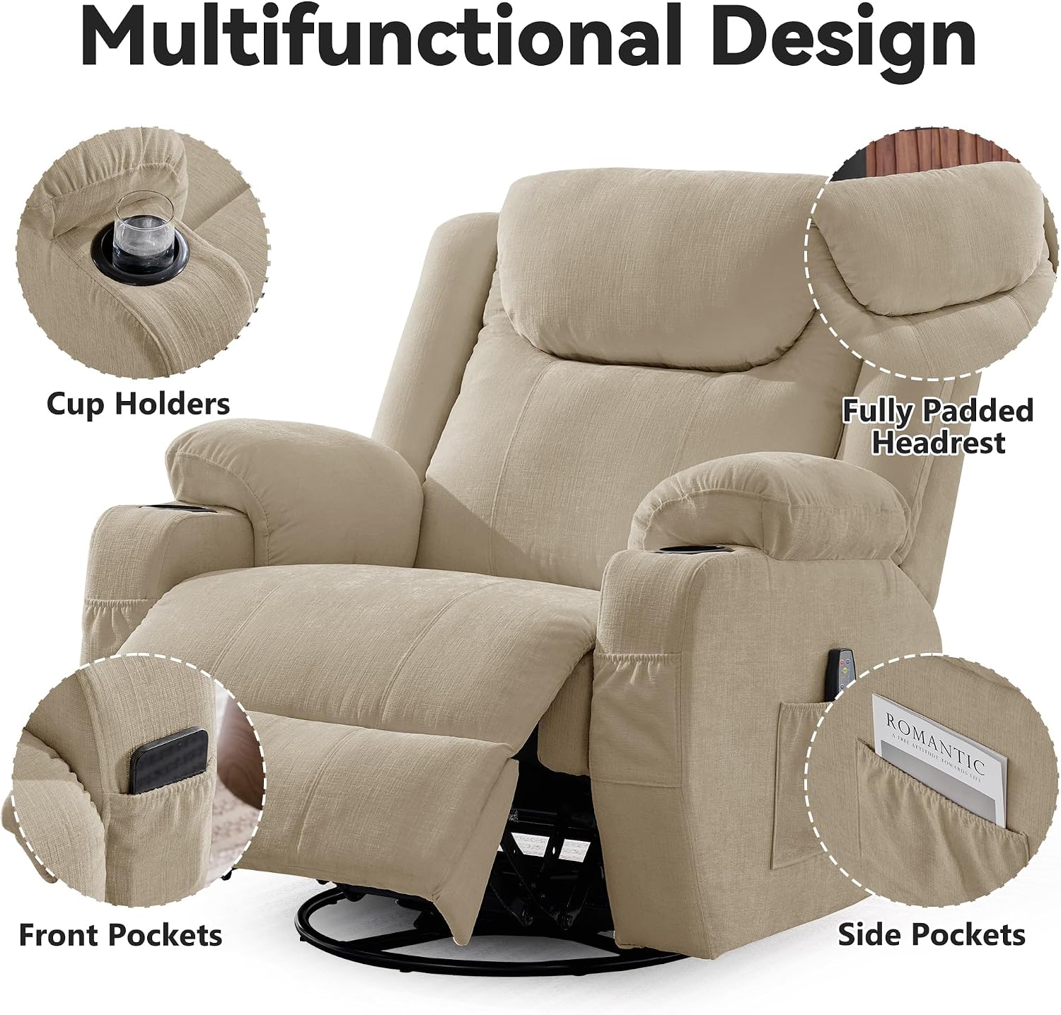 Korser Oversized Recliner Chair, 360° Swivel Recliner for Adults, Swivel Rocker Recliner Chair with Heat and Massage, Manual Recliner with Remote Control and Cup Holders for Living Room, Chenille
