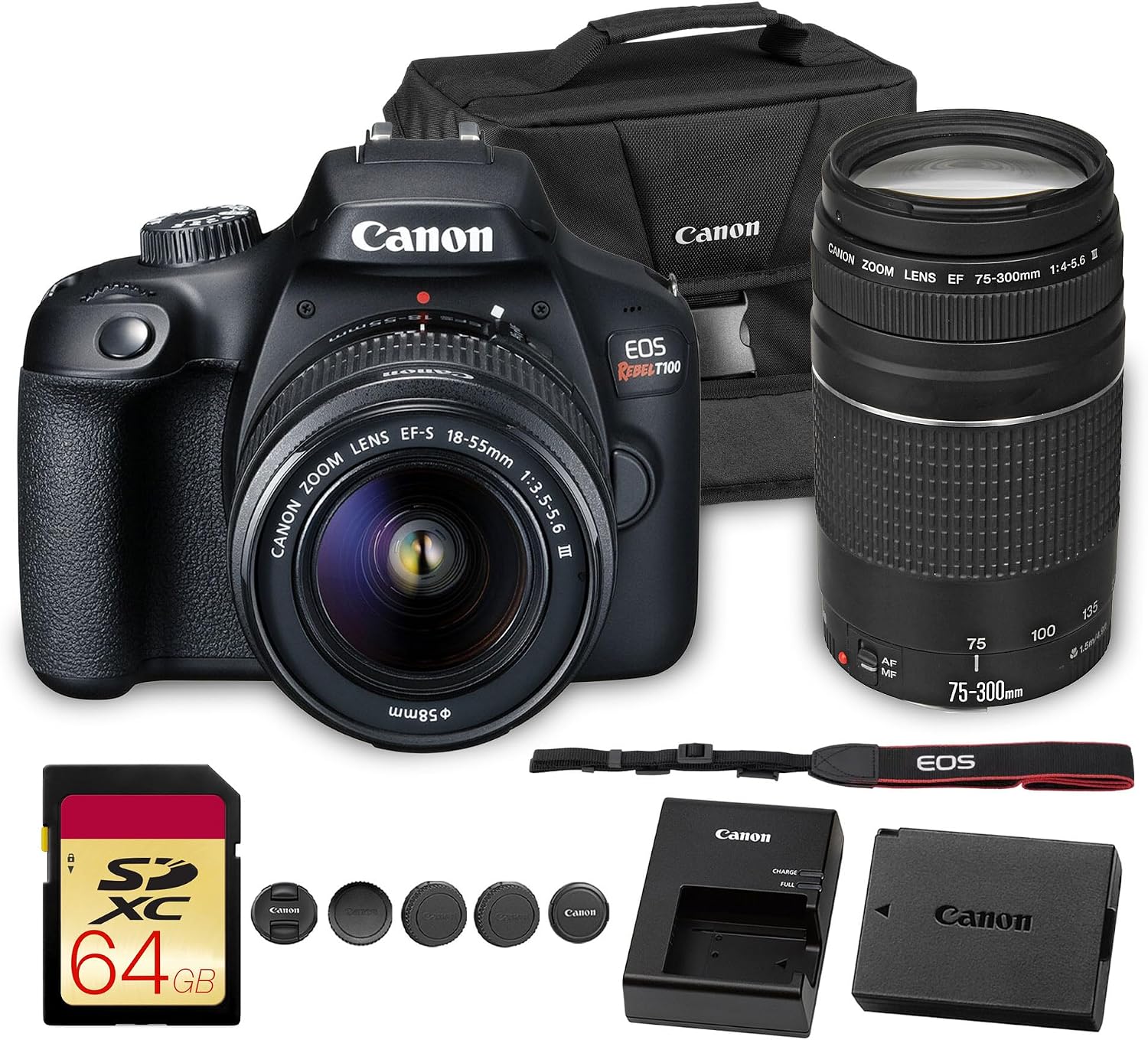 Canon EOS Rebel T100 DSLR Camera with 18-55mm Lens | 18MP APS-C Sensor, Built-in Wi-Fi & Full HD Video | for Beginners, Travel & Everyday Shooting (2628C029) + EF 75-300mm f/4-5.6 III Lens + Bag +