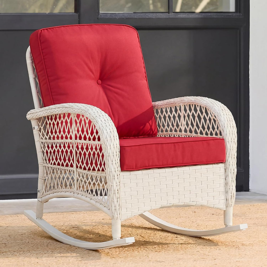 VIVIJASON Outdoor Wicker Rocking Chair, Patio Rattan Rocker Chair with Cushions & Steel Frame, All-Weather Rocking Lawn Furniture for Garden Backyard Porch, Cream White/Red