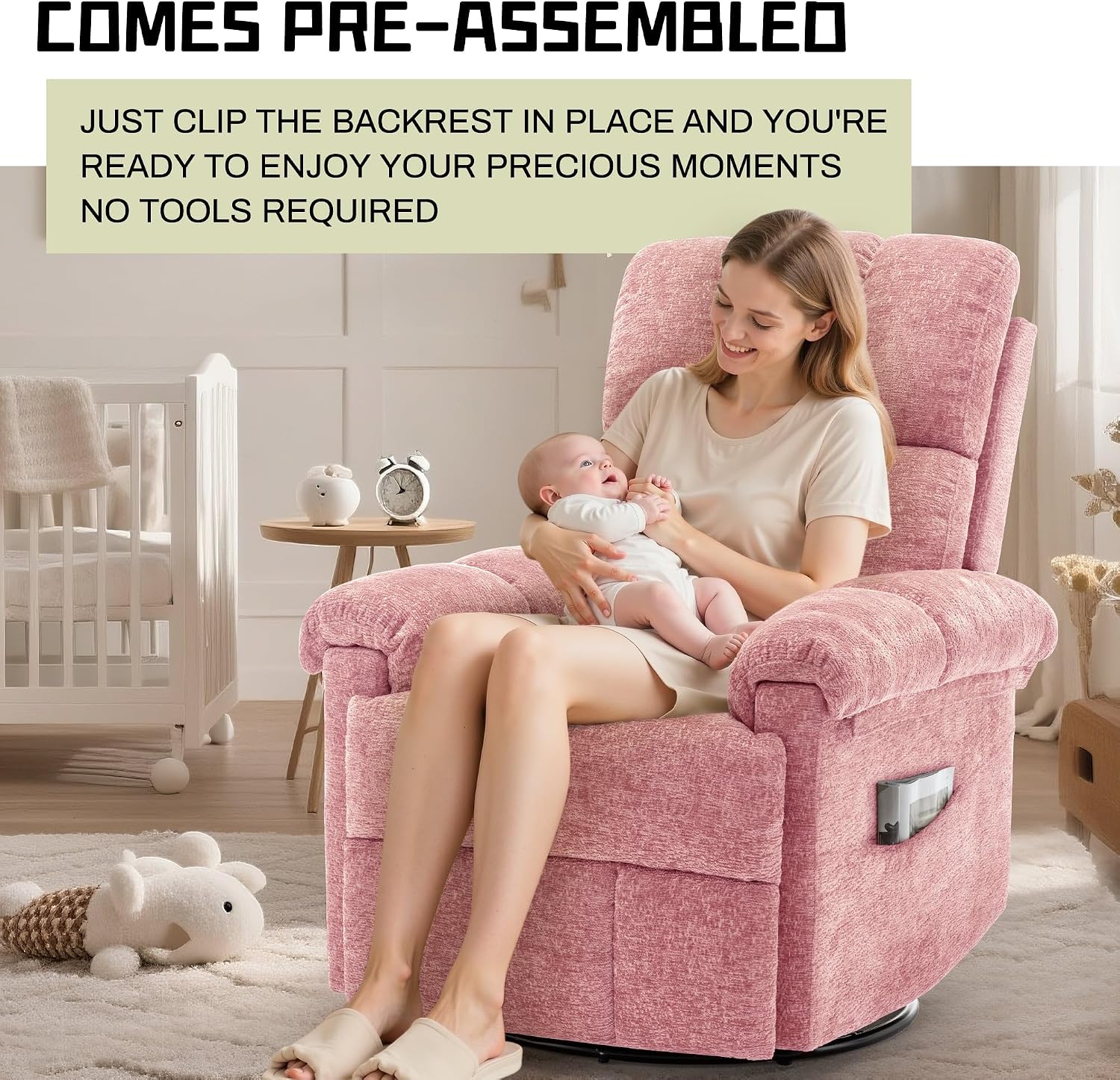 Korser Recliner Chair, Swivel Rocker Recliner Chair for Adults, Small Recliners for Small Spaces, Manual Recliner Chair with Side Pockets, Nursery Rocking Chair for Living Room, Chenille, Rose Pink